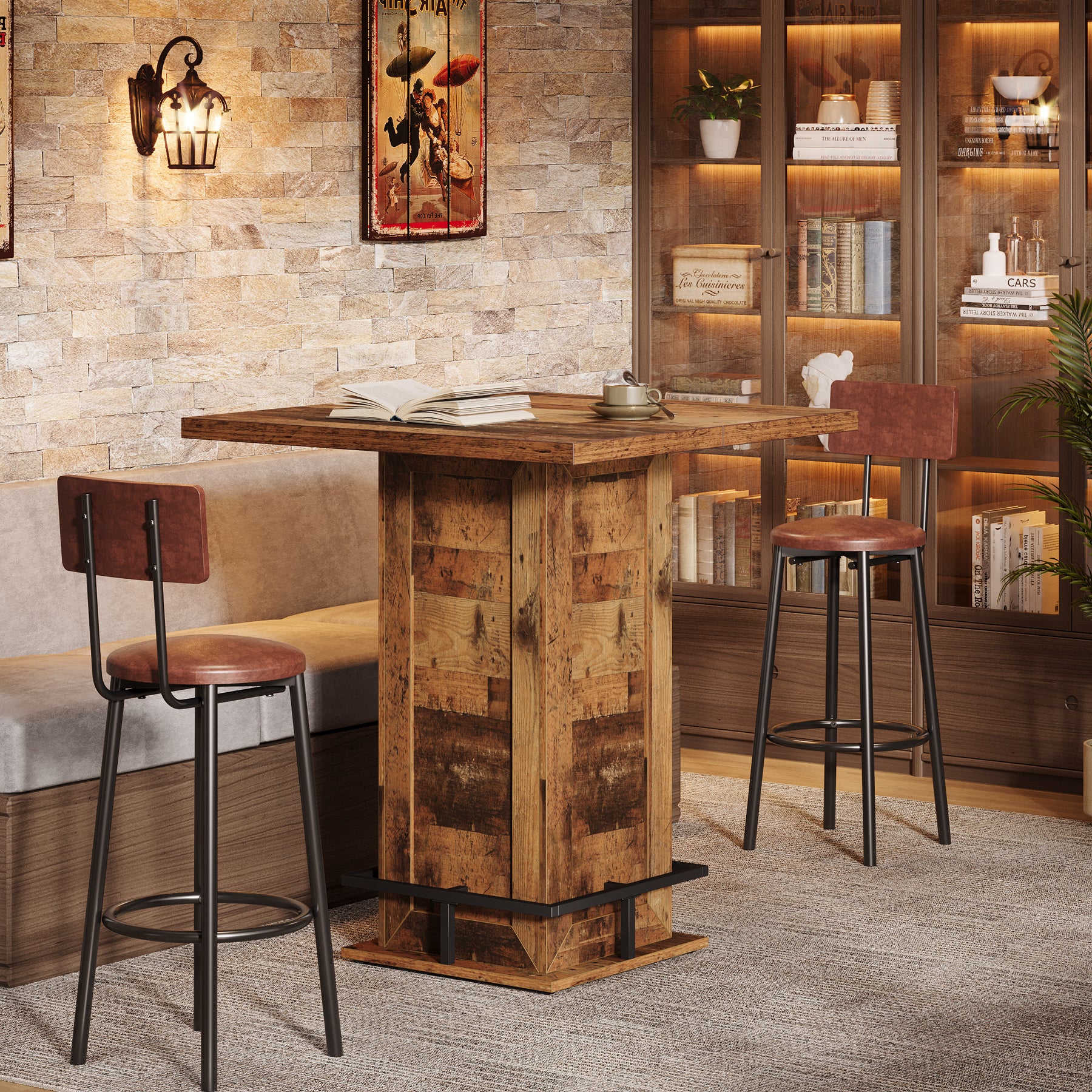 39.4" H Square Bar Table, Industrial High Top Bistro Pub Table with Metal Footrest