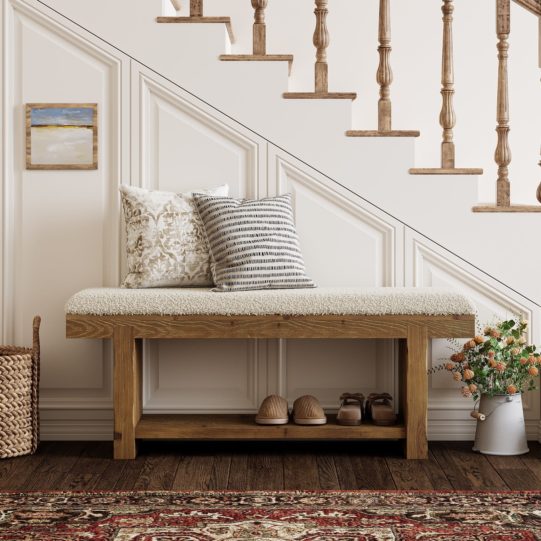 47.2" Solid Wood Entryway Bench, Upholstered Storage for Hallway