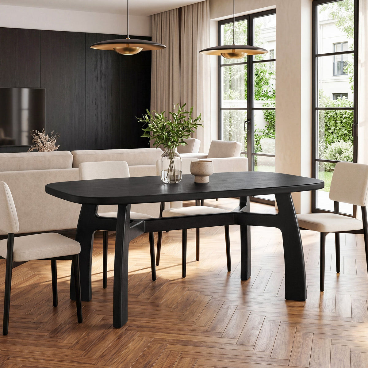 63" Dining Table for 6-8, Solid Wood Kitchen Table with H-Frame for Dining Room