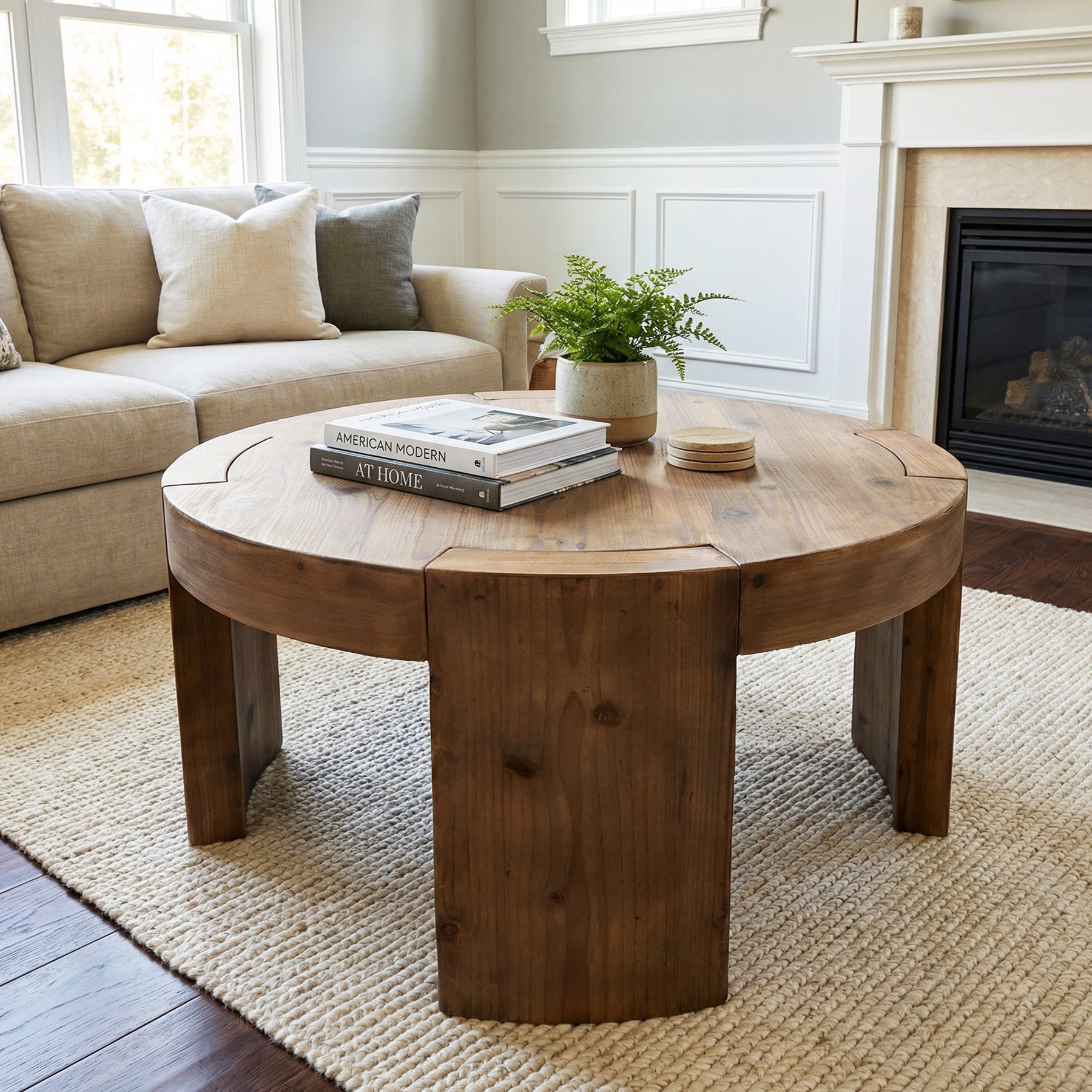 31.5" Round Coffee Table, Solid Wood Center Cocktail Tea Table for Living Room