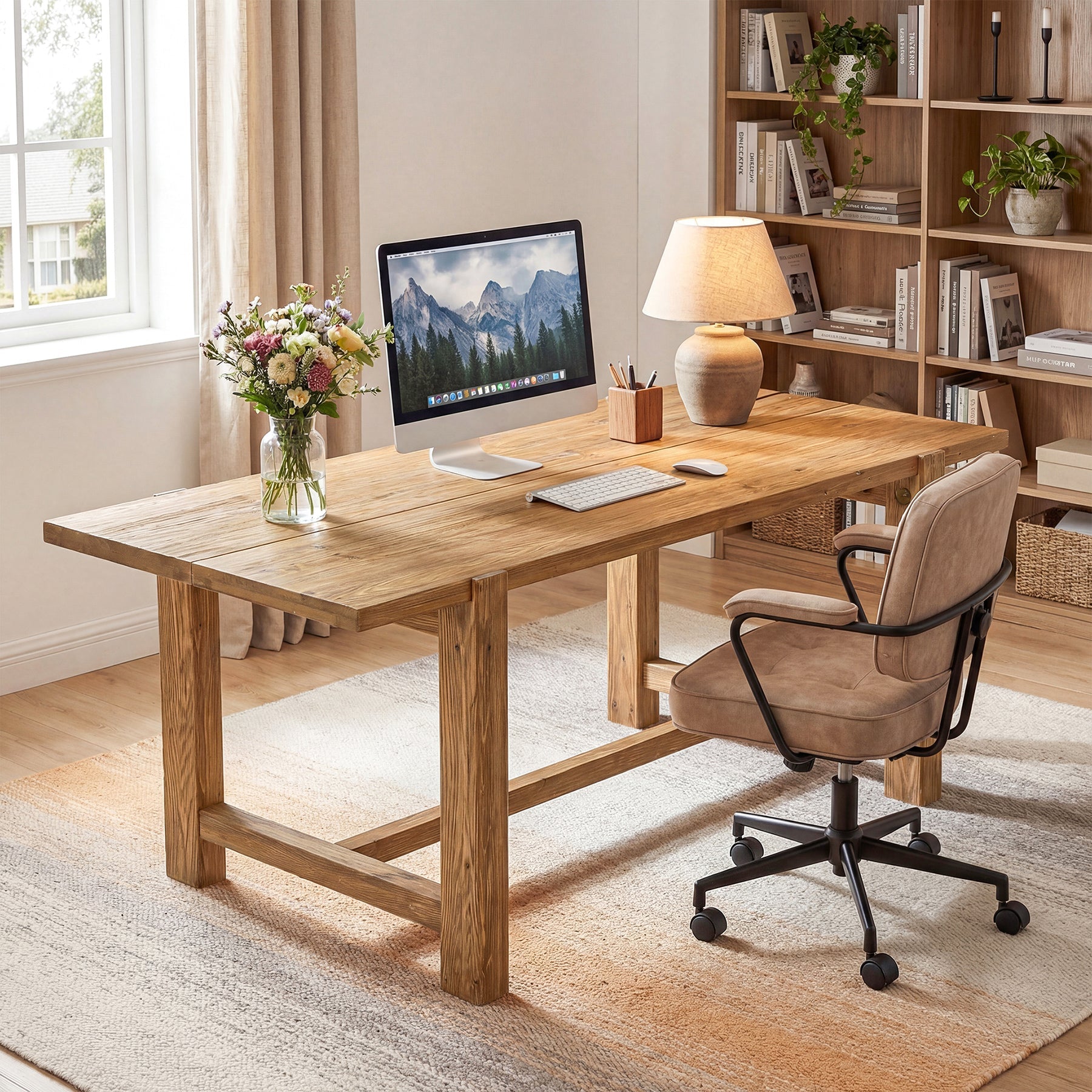 63" Solid Wood Computer Desk, Farmhouse Executive Desk for Home Office