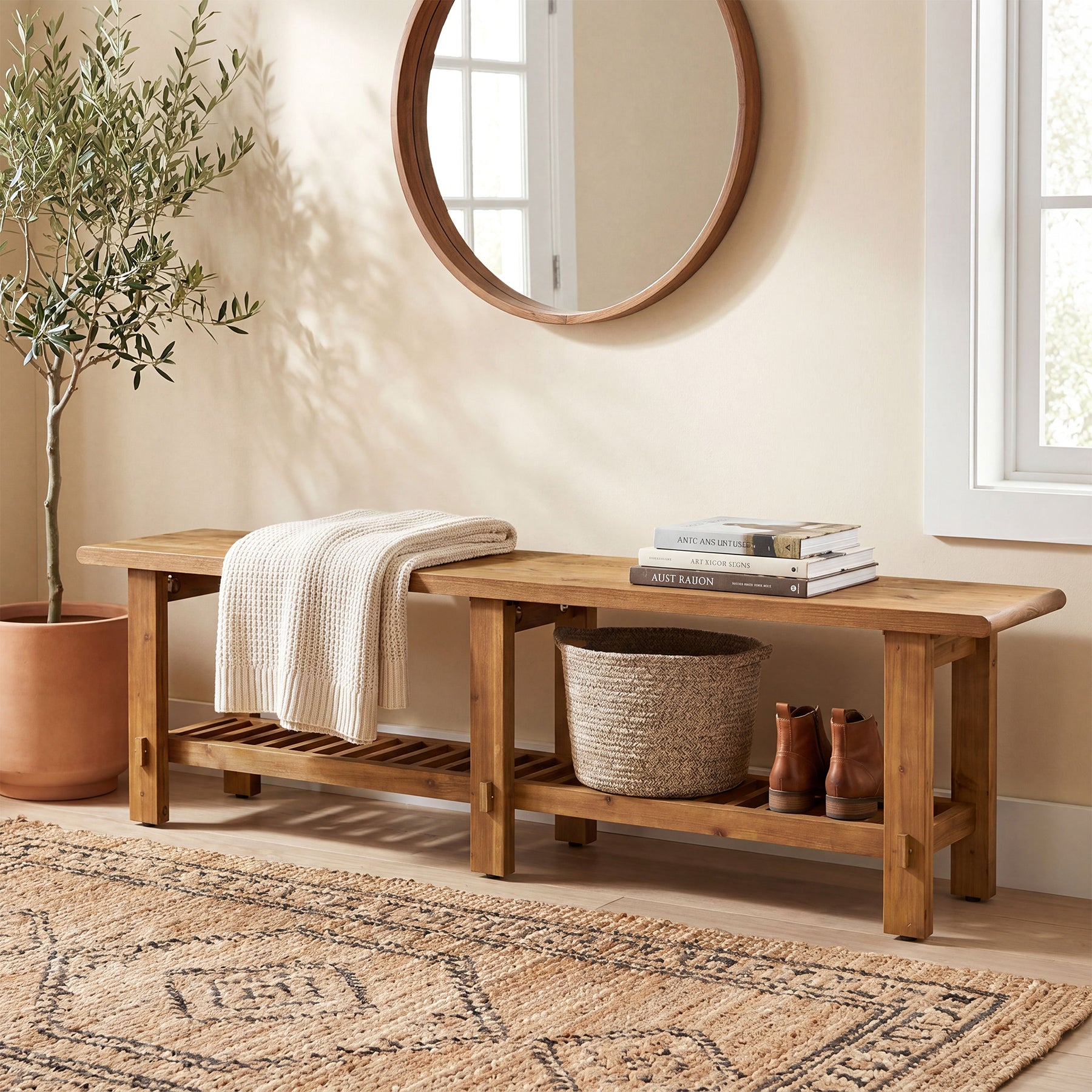 63" Solid Wood Entryway Bench, Narrow End of Bed Bench with Shoe Storage Rack