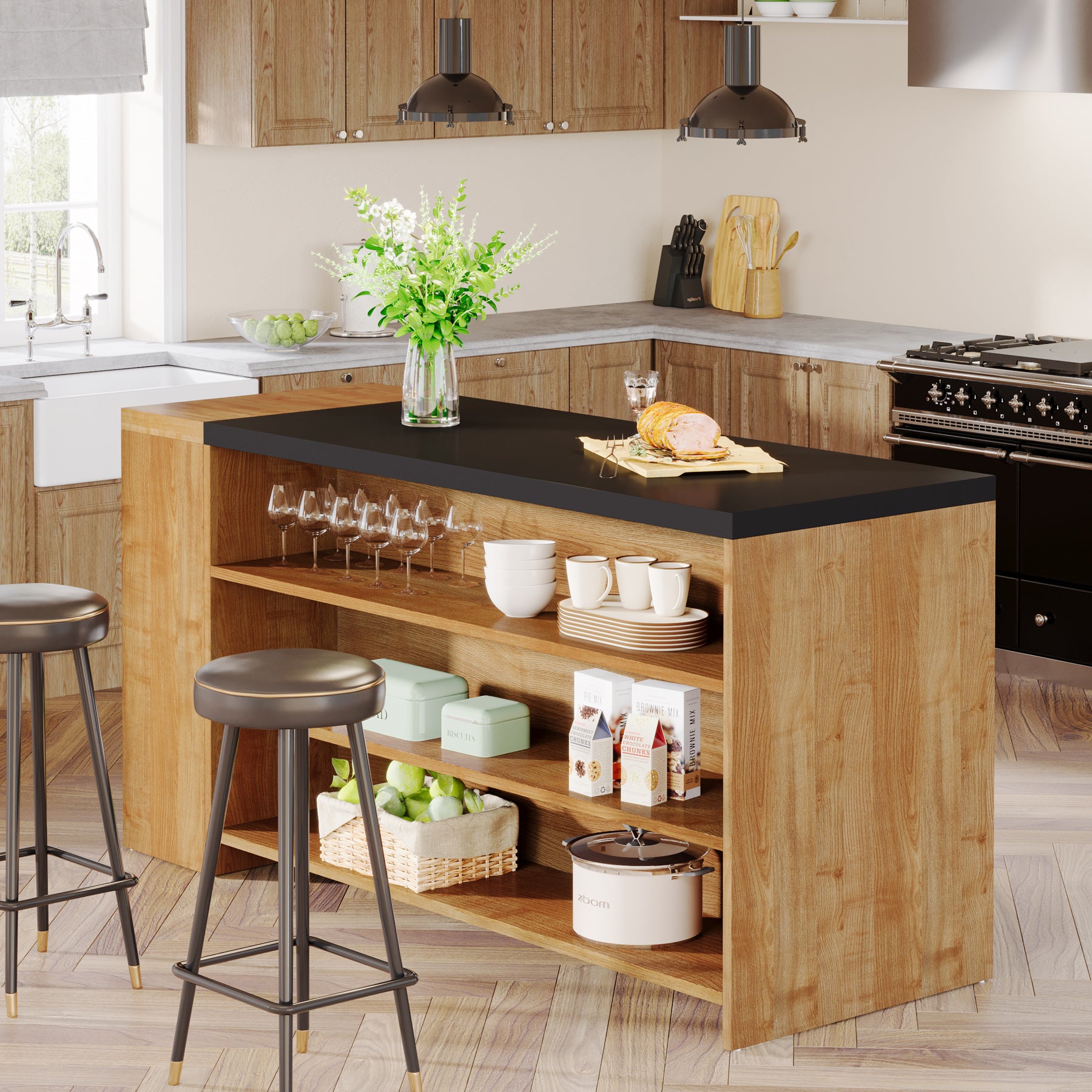 55" Kitchen Island with Storage, Farmhouse Coffee Bar Table with 5 Shelves