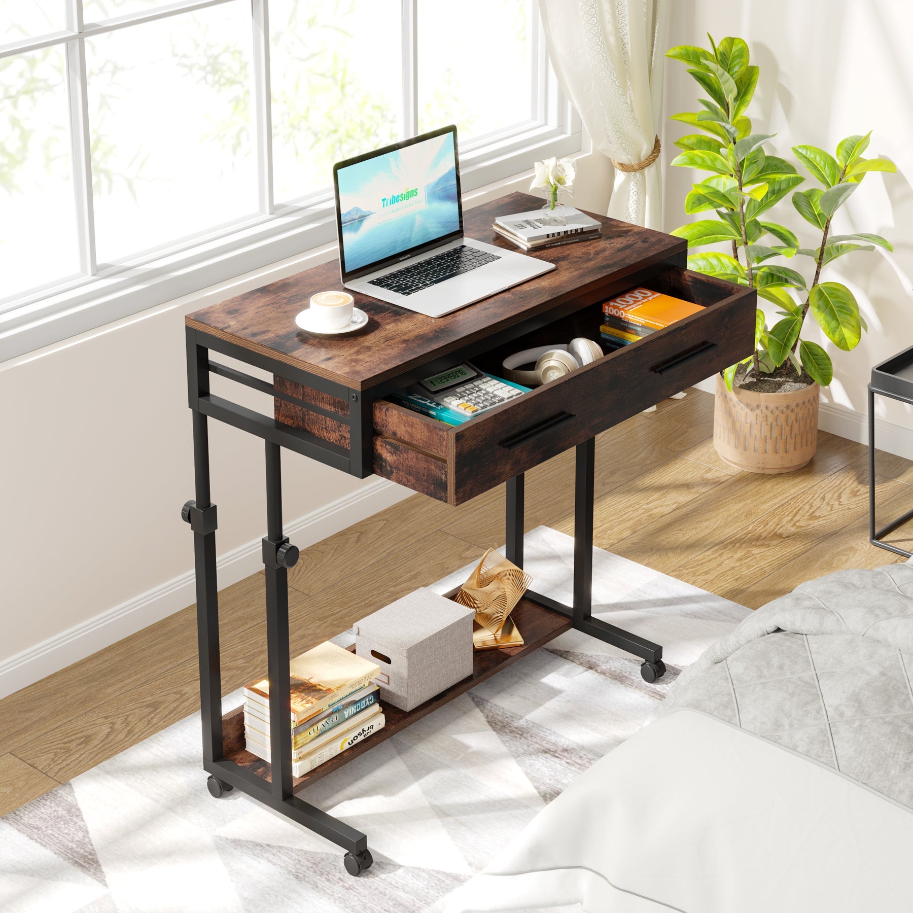 Height Adjustable Desk, Mobile Side Table Portable Desk with Drawers Tribesigns