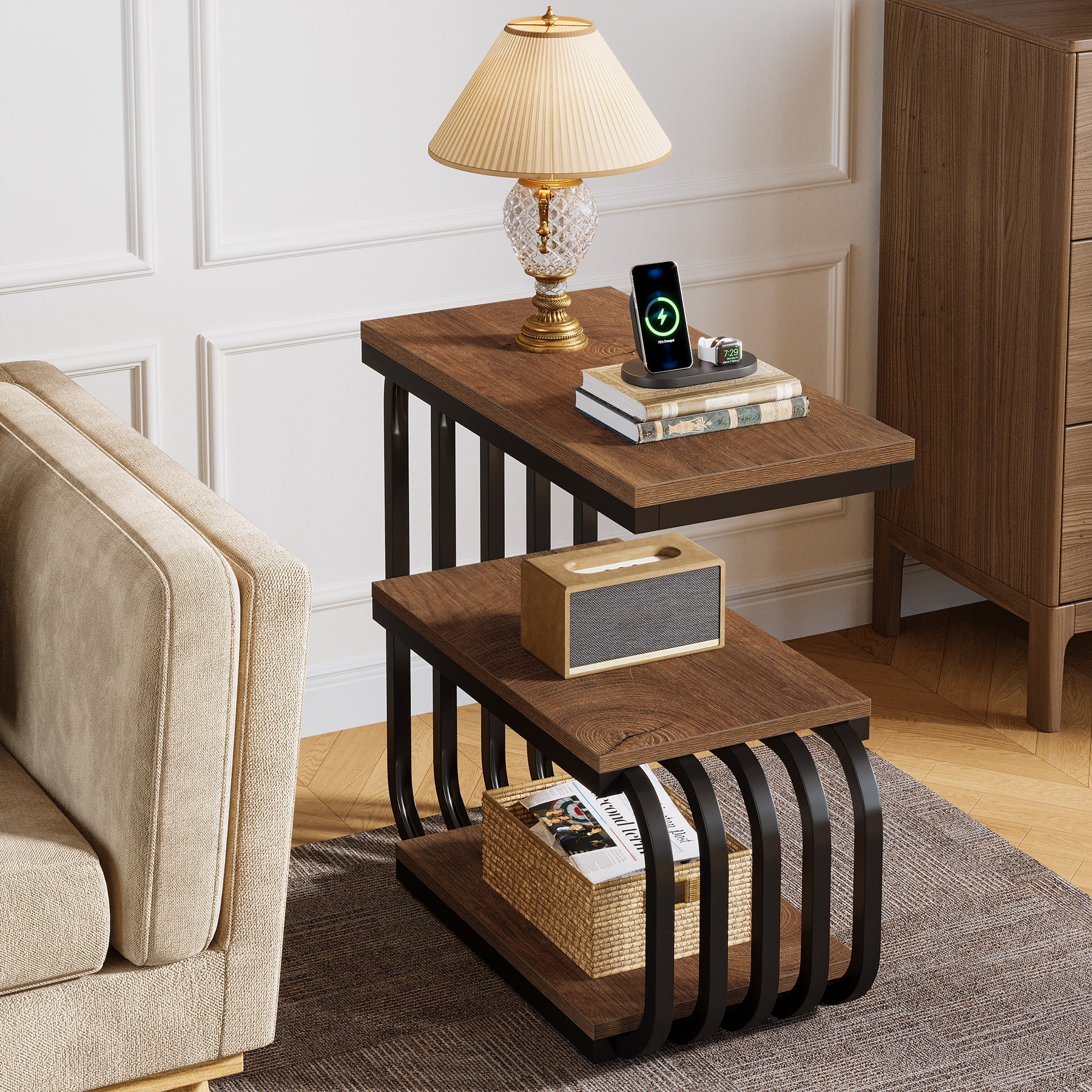 3 Tier End Table, Vintage Side or Bedside Stand for Living Room