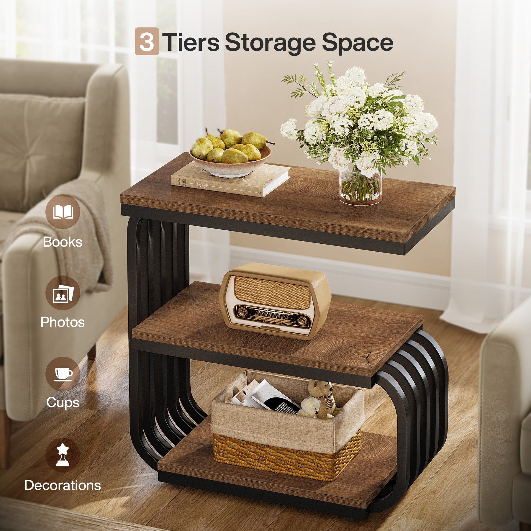 3 Tier End Table, Vintage Side or Bedside Stand for Living Room
