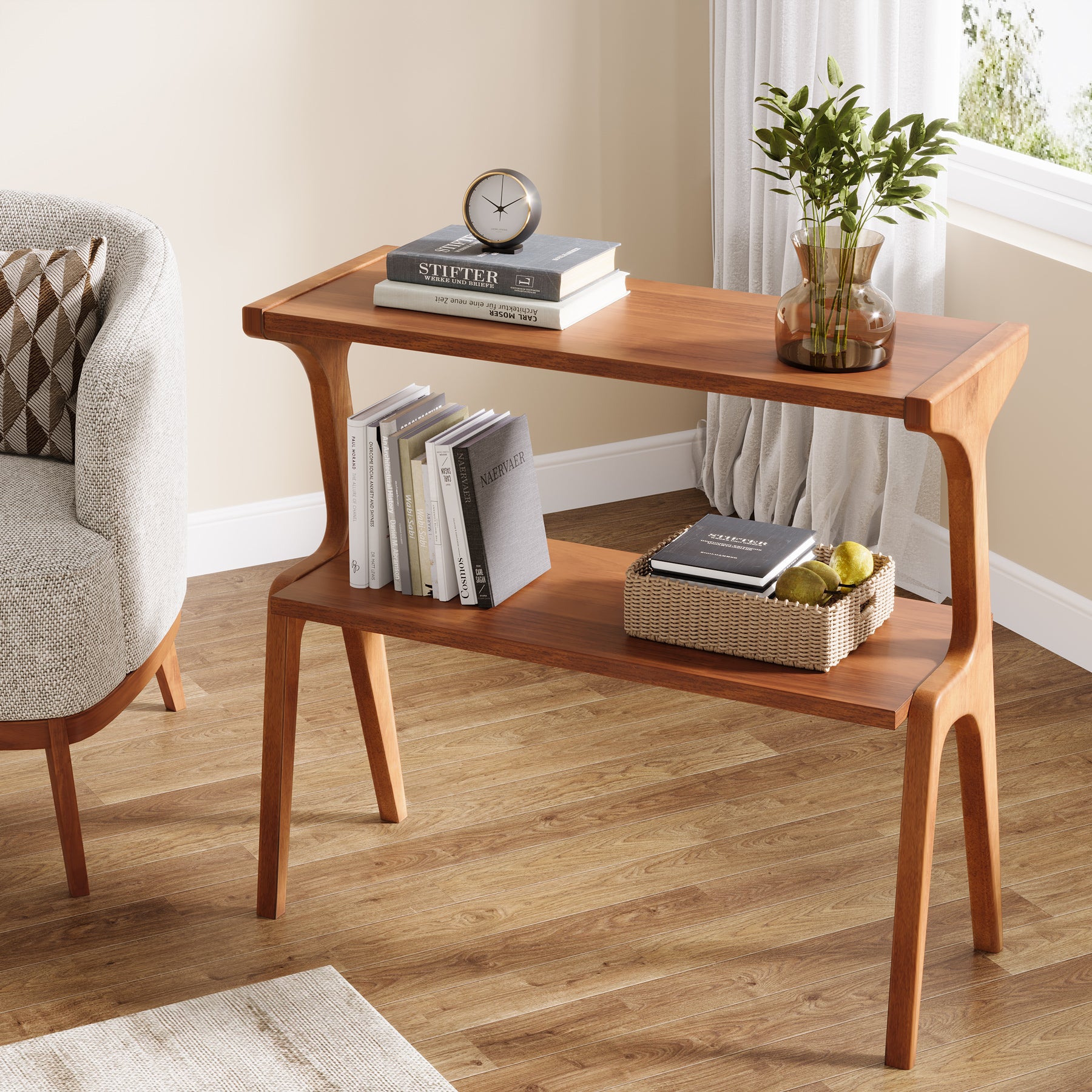 2-Tier End Table, Slim Sofa Side Table with Storage Shelf