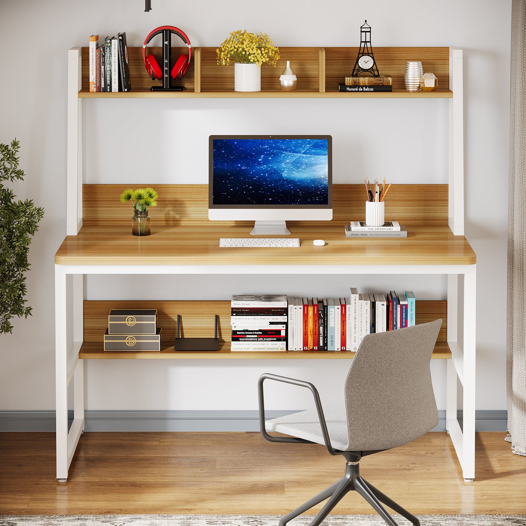 47" Computer Desk, Heavy Duty Writing Desk with Hutch & Bookshelf