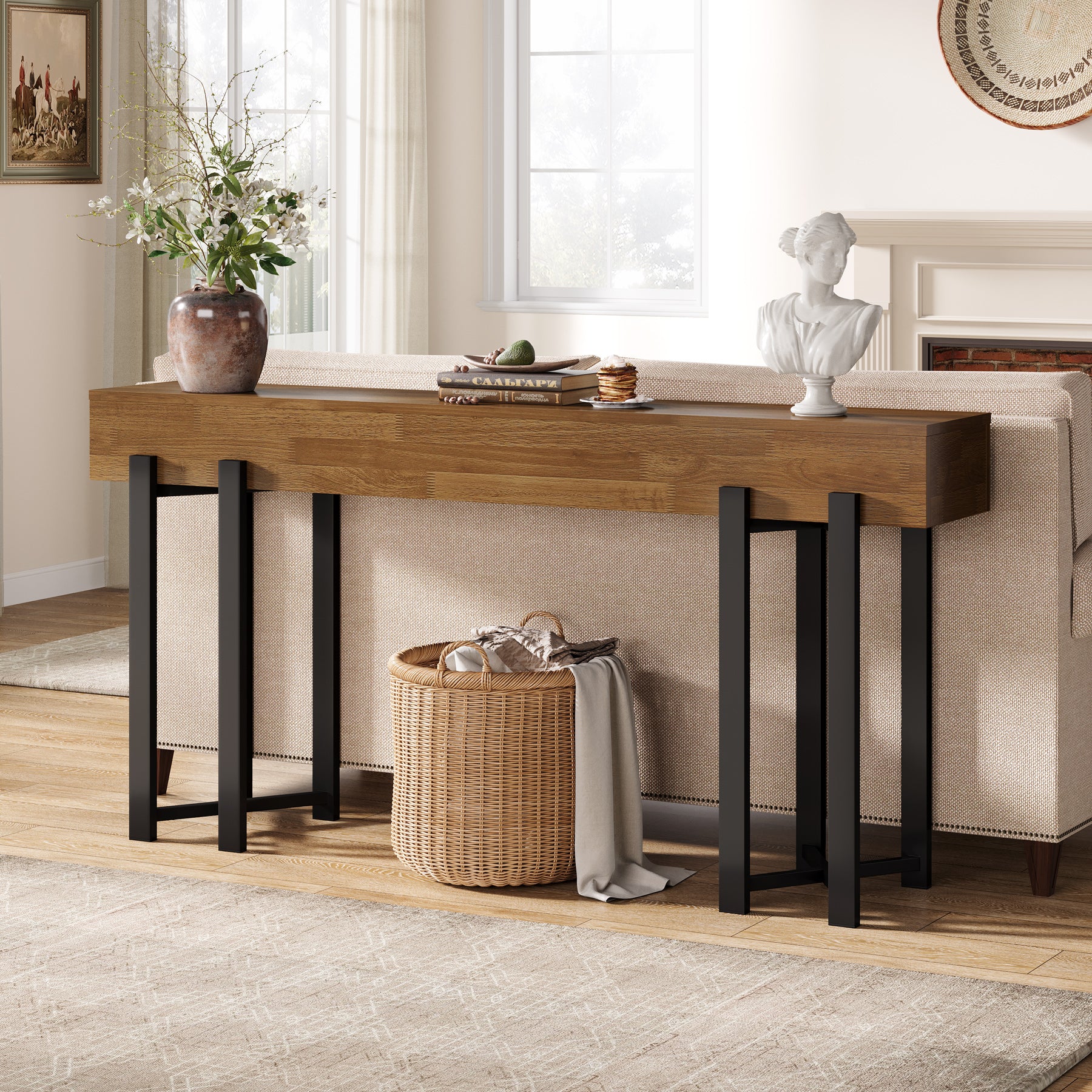 63" Console Table, Farmhouse Sofa Table with Metal Frame for Entryway