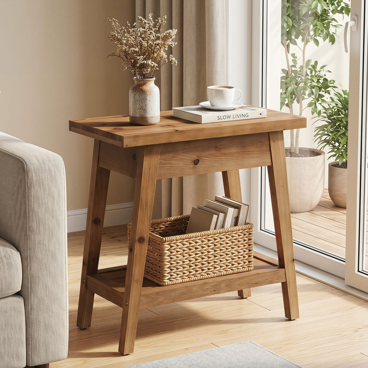 2-Tier Solid Wood End Table, Farmhouse Side Table with Storage for Living Room
