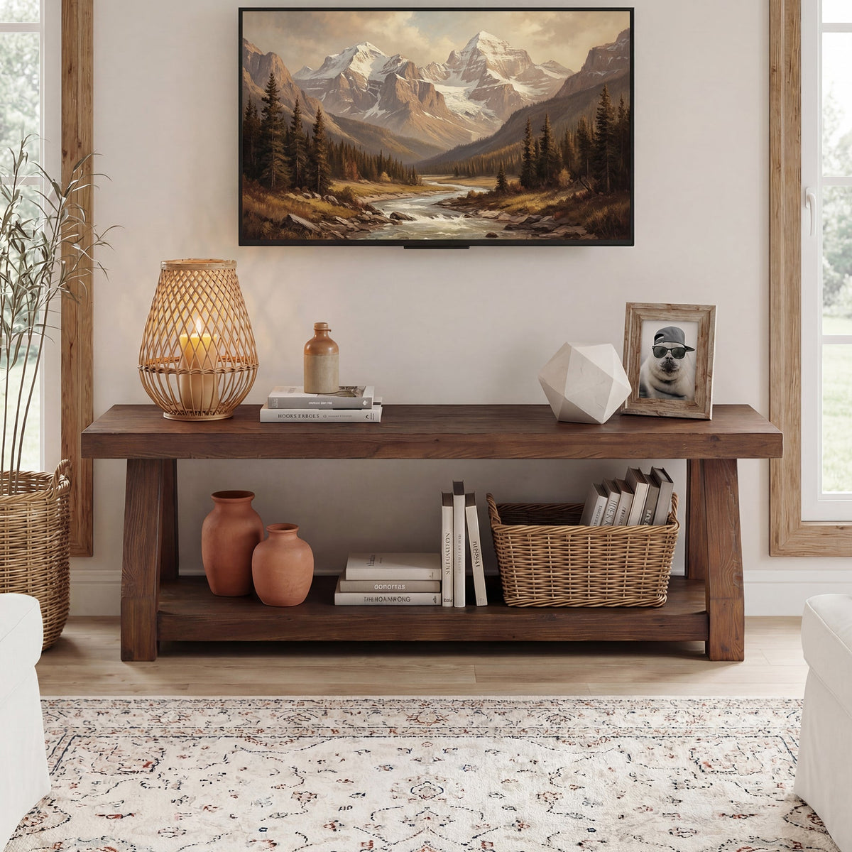 63" Solid Wood TV Stand for 65-75" TVs, Farmhouse Media Console with Open Shelf