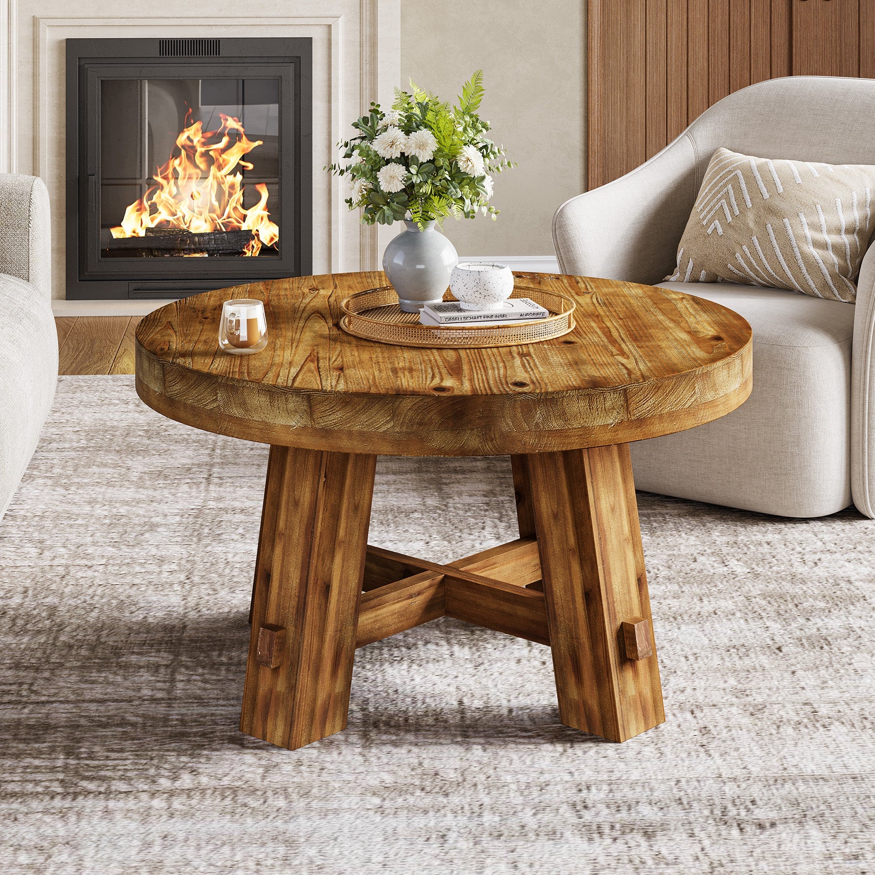 Solid Wood Coffee Table, 31.5" Round Center Table with Thickened Tabletop