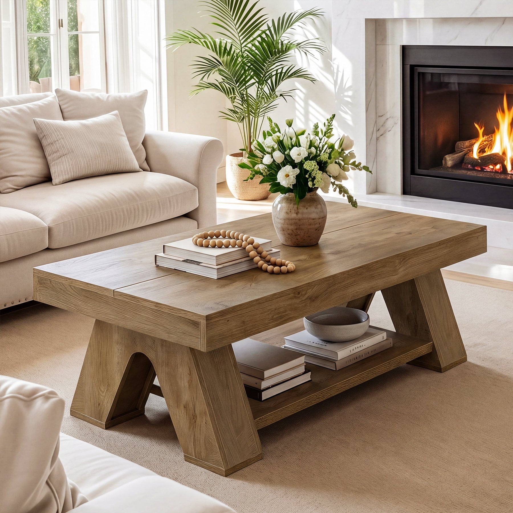 55.1" Farmhouse Coffee Table with Storage Shelf, Rectangle Center Table for Living Room