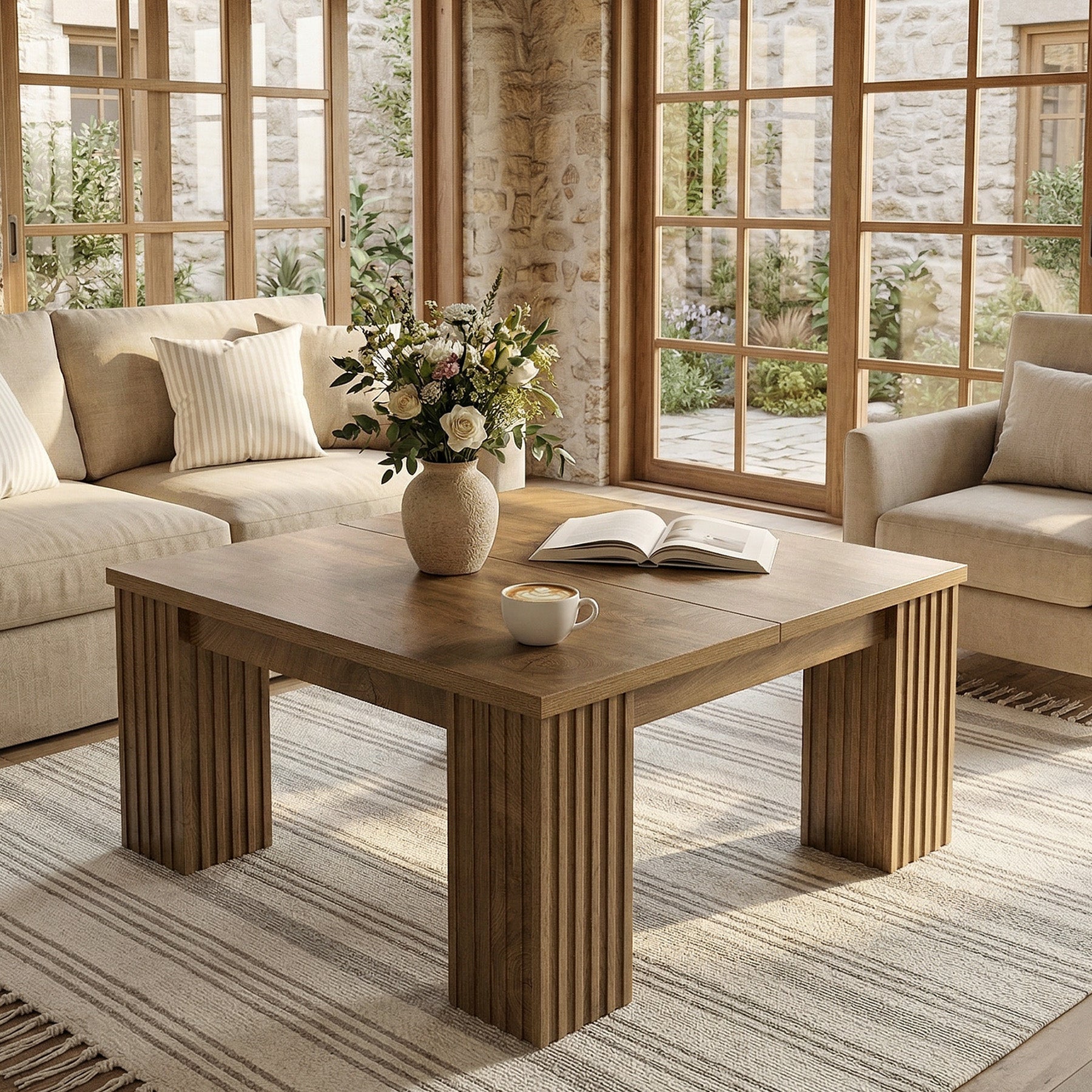 39.4" Square Coffee Table, Farmhouse Center Table with Fluted Legs for Living Room