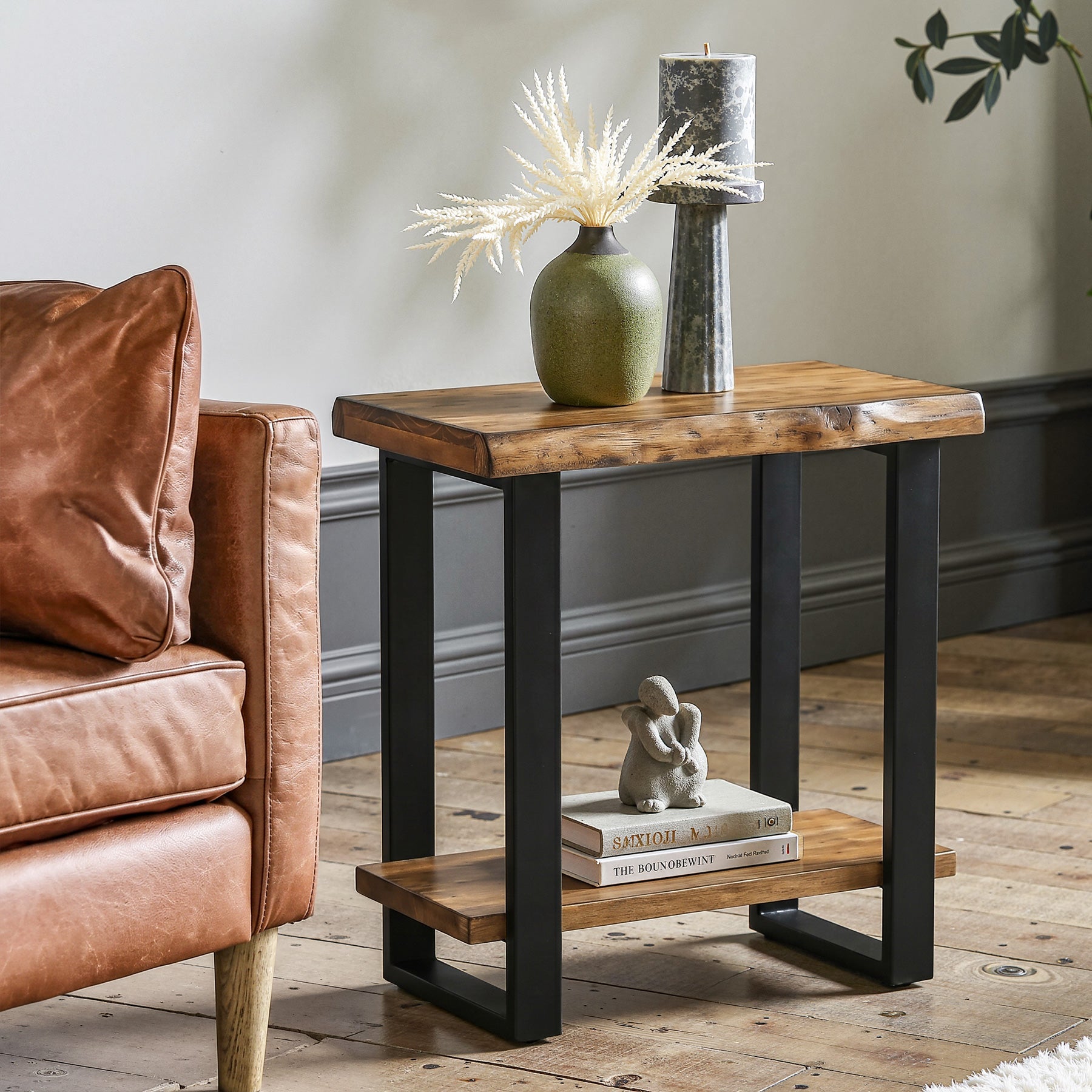 Solid Wood End Table, 2-Tier Side Table Nightstand with Iron Frame