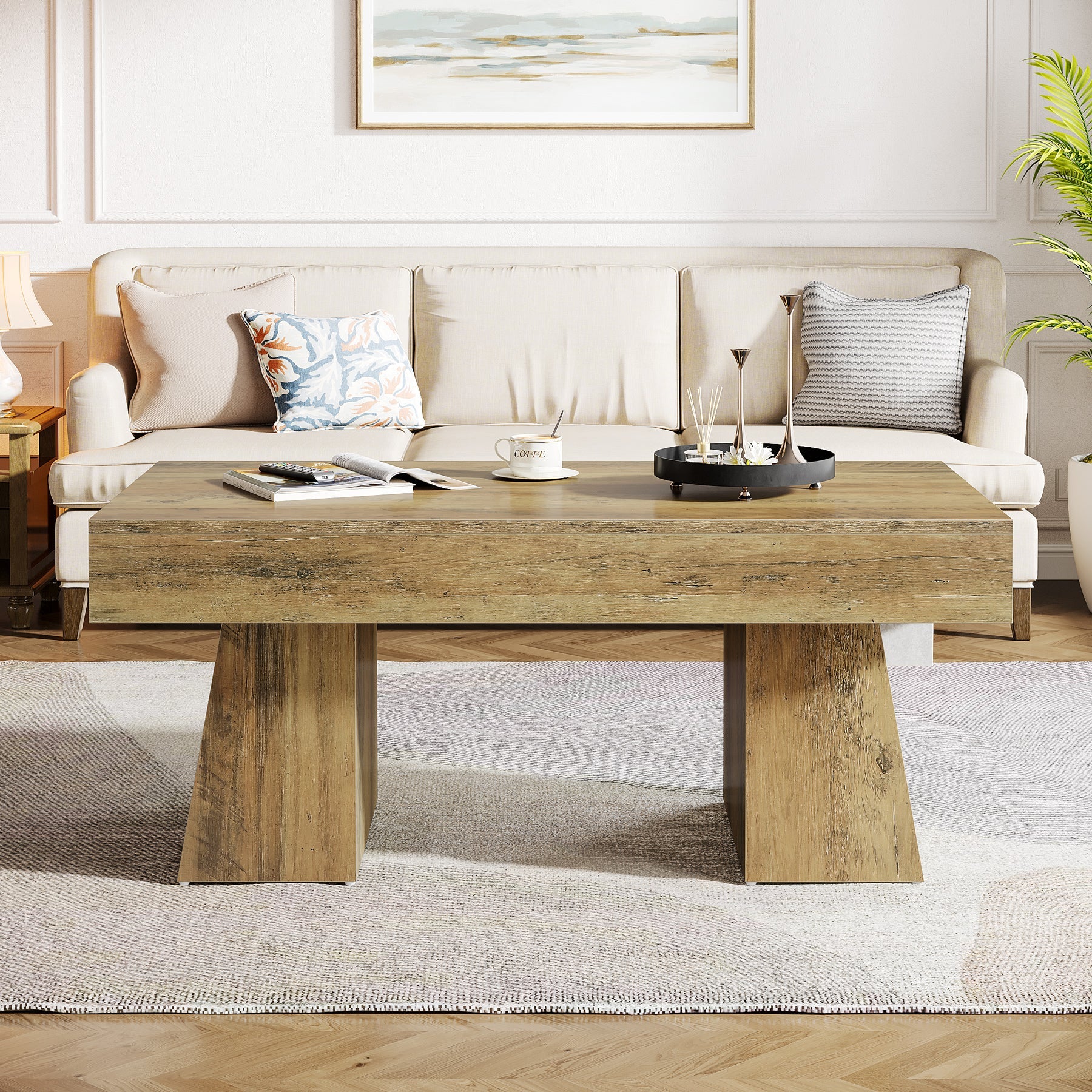 47.24" Farmhouse Coffee Table, Rectangular Center Table with Thick Base