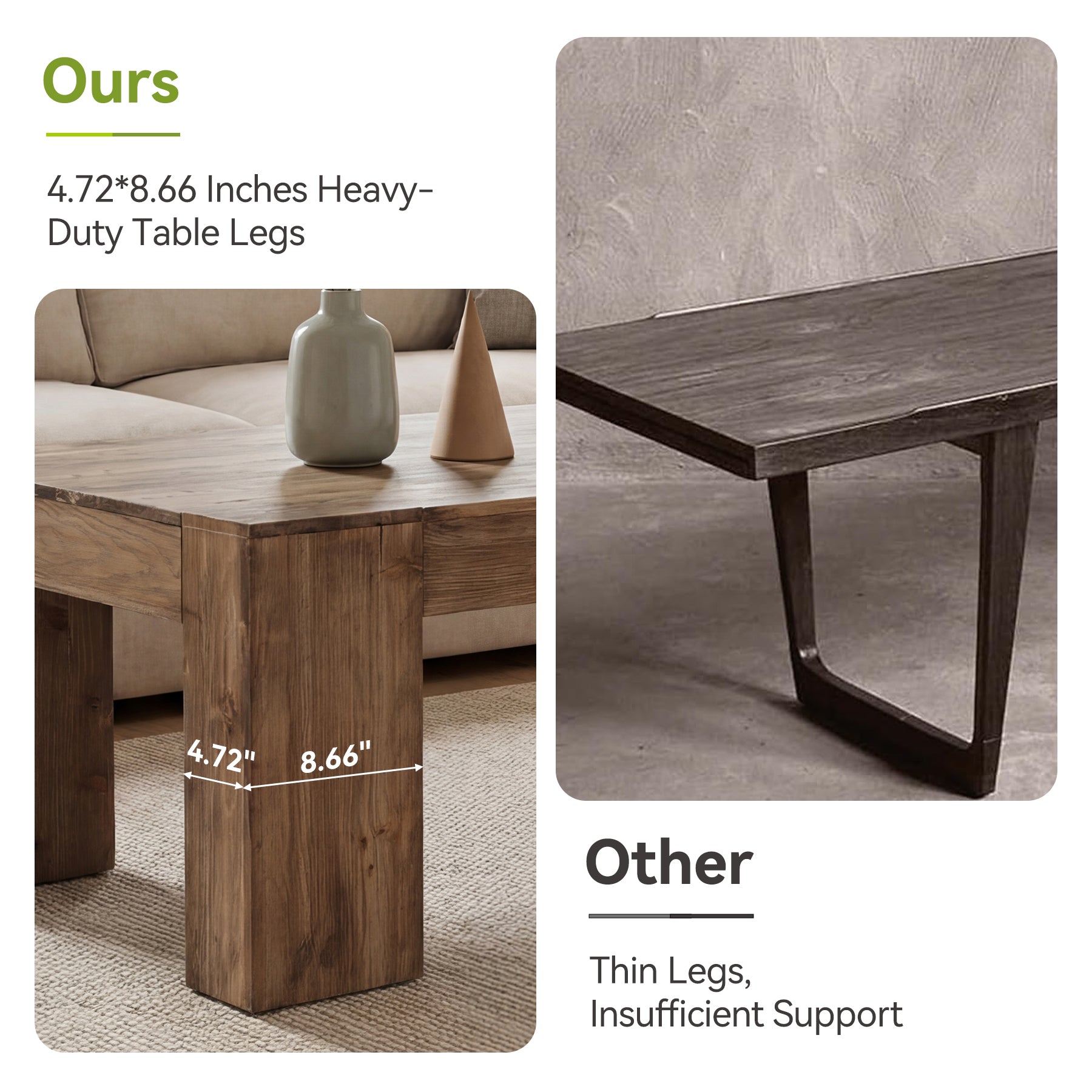 Solid Wood Coffee Table, 55" Rectangle Center Table with Heavy-Duty Legs for Living Room