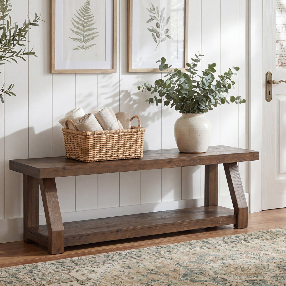 63" Solid Wood Entryway Bench with Storage, 2-Tier Shoe Bench for Hallway