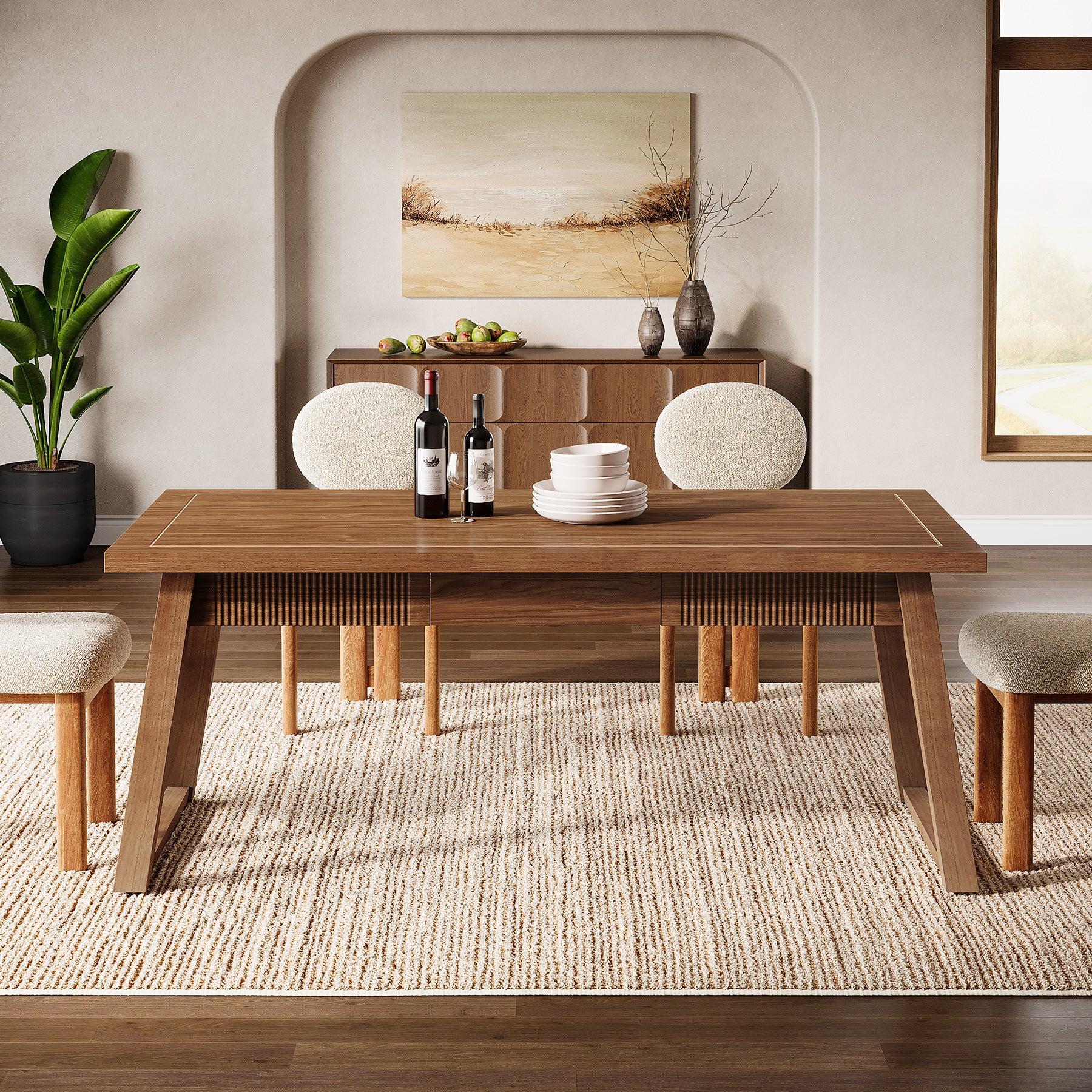 55" Dining Table with Drawer, Rectangular Kitchen Table with Solid Wood Legs