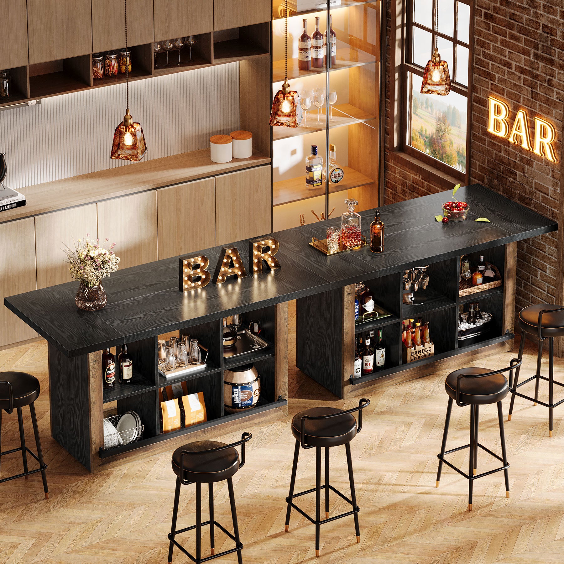 Rectangular Bar Table, 62.6" Home Bar Cabinet Unit with 6 Spacious Cubbies