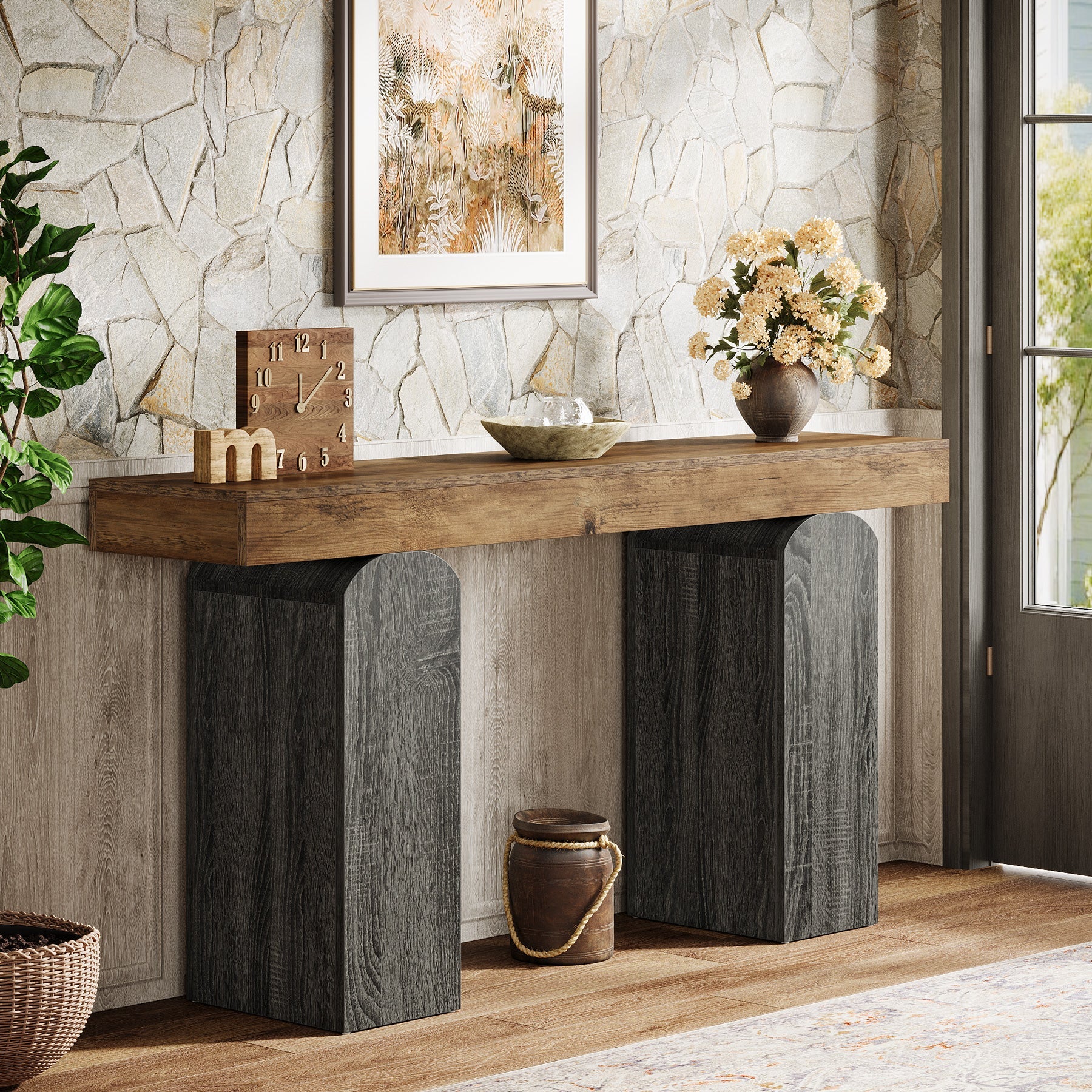 63" Console Table, Farmhouse Entryway Table with 2 Arched Pedestal Legs