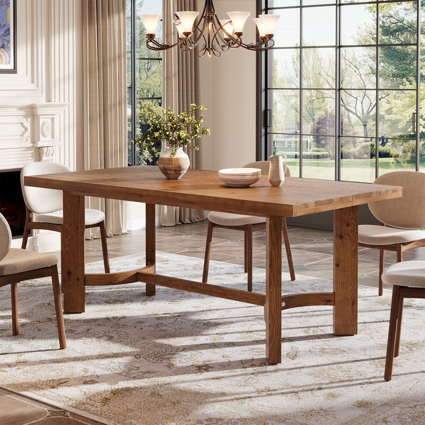 63" Rectangle Dining Table, Solid Wood Farmhouse Kitchen Table for 4-6