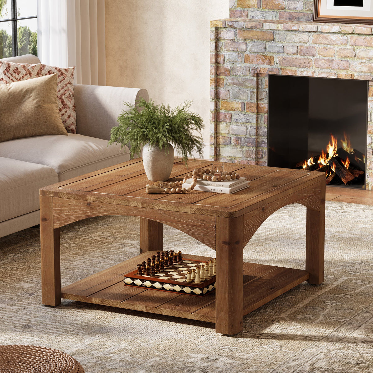 31.5" Square Coffee Table, Solid Wood 2-Tier Center Table for Living Room