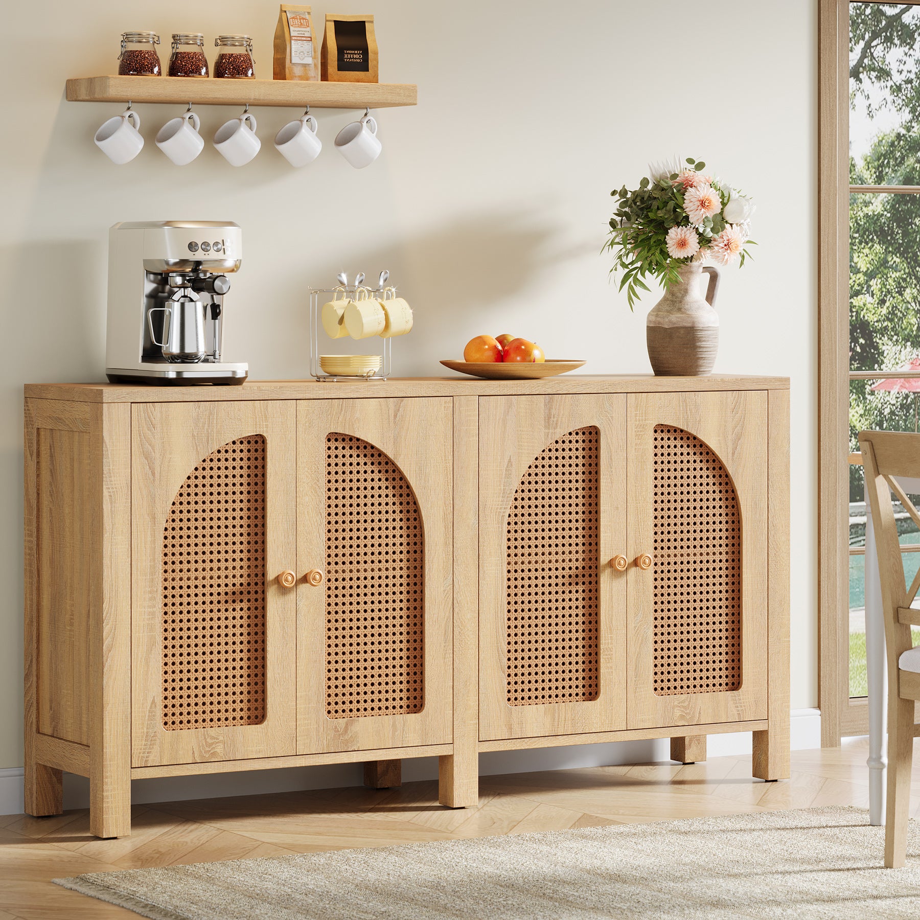 59" Sideboard Buffet, Rattan Credenza Storage Cabinet with 4 Doors