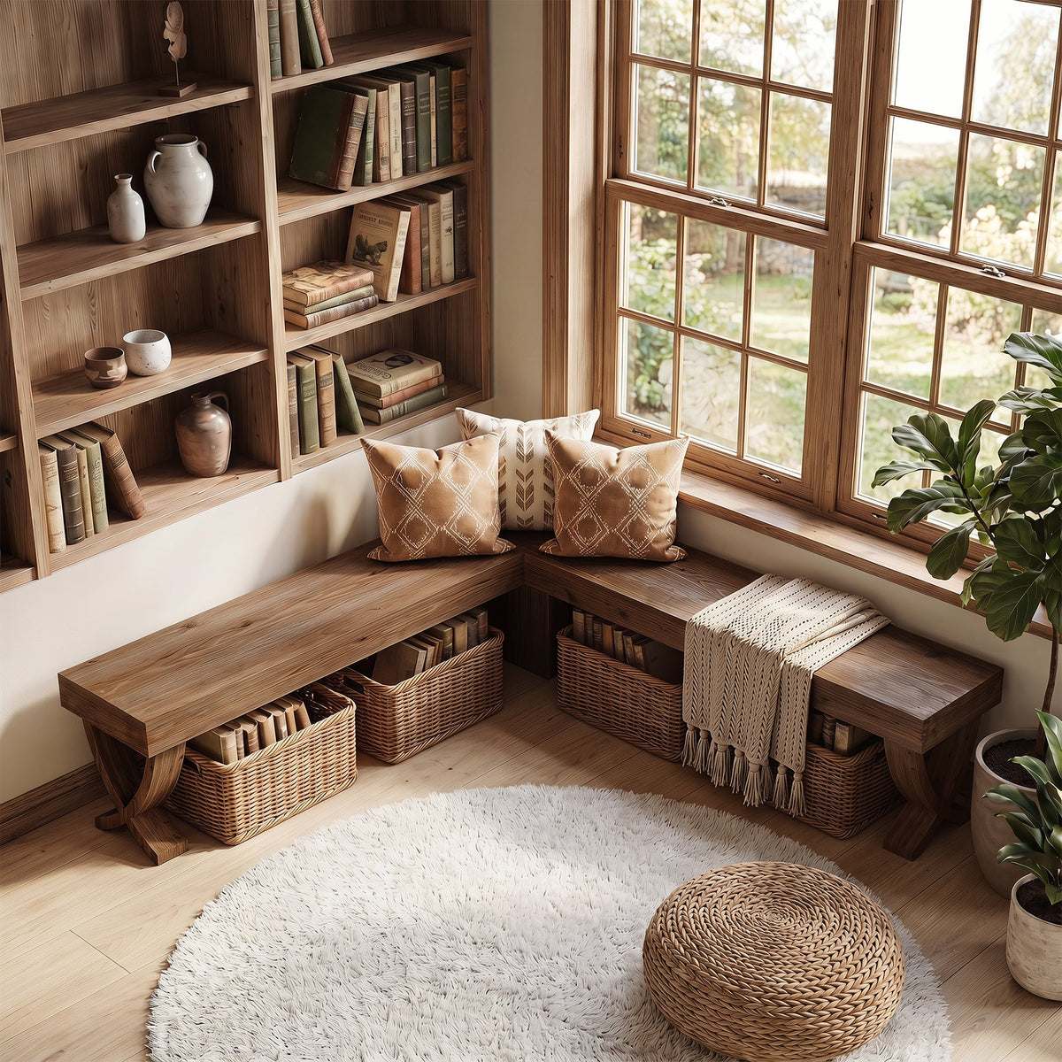 55" L-Shaped Solid Wood Corner Bench, Farmhouse Dining Bench with X-Shaped Leg