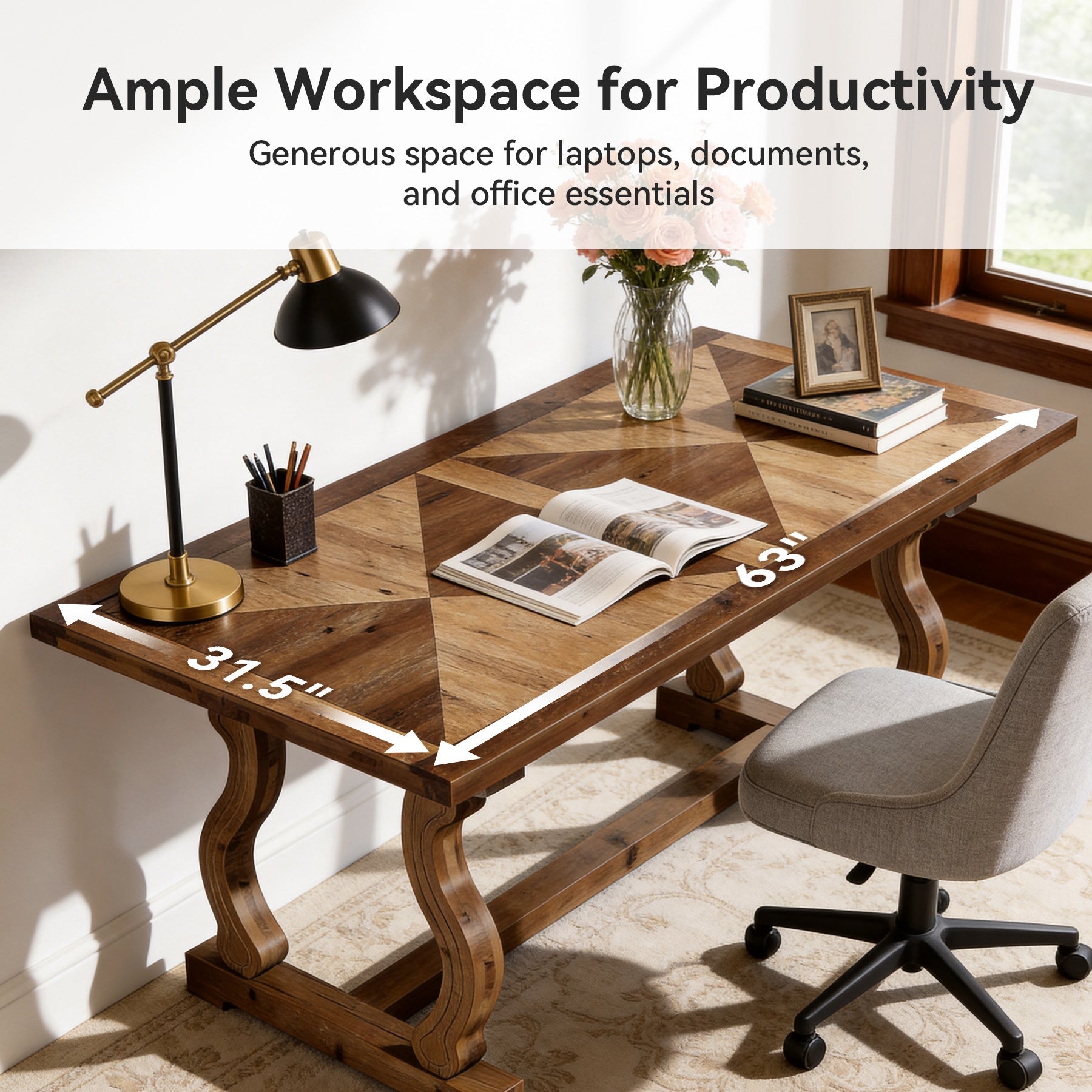 63" Solid Wood Executive Desk, Farmhouse Computer Desk with Parquetry Top & Scroll Legs for Home Office