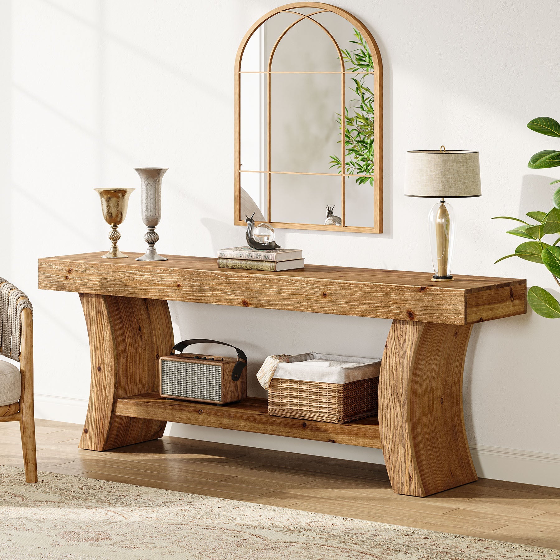 2-Tier Solid Wood Console Table, 63" Farmhouse Sofa Table Behind Couch
