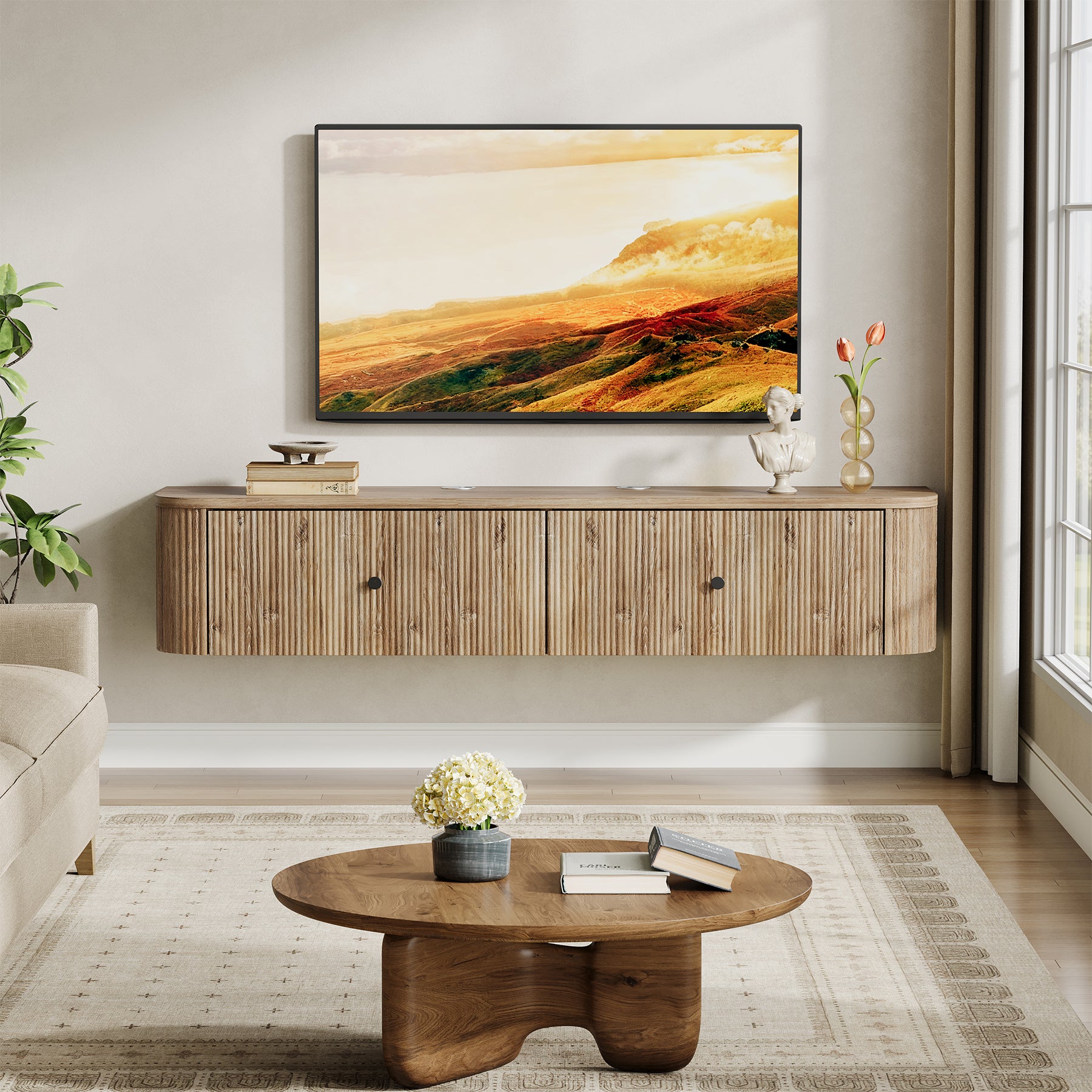 55" Floating TV Stand, Wall Mounted TV Console with 2 Fluted Drawers