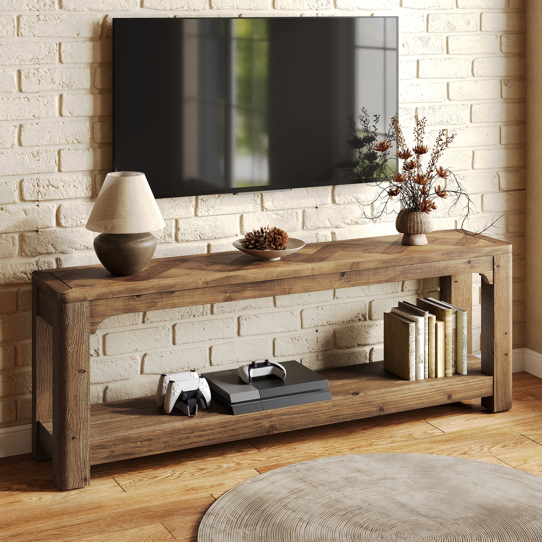 63" Solid Wood TV Stand, Entertainment Center with Open Shelves for 65" TV