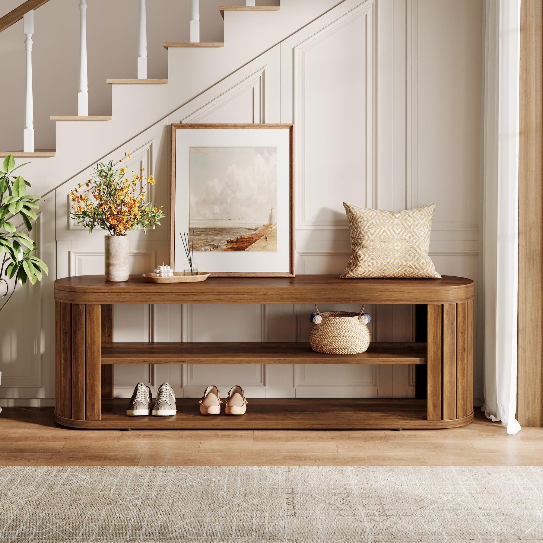 47.2" Entryway Bench, 2-Tier Shoe Bench End of Bed Stool with Storage