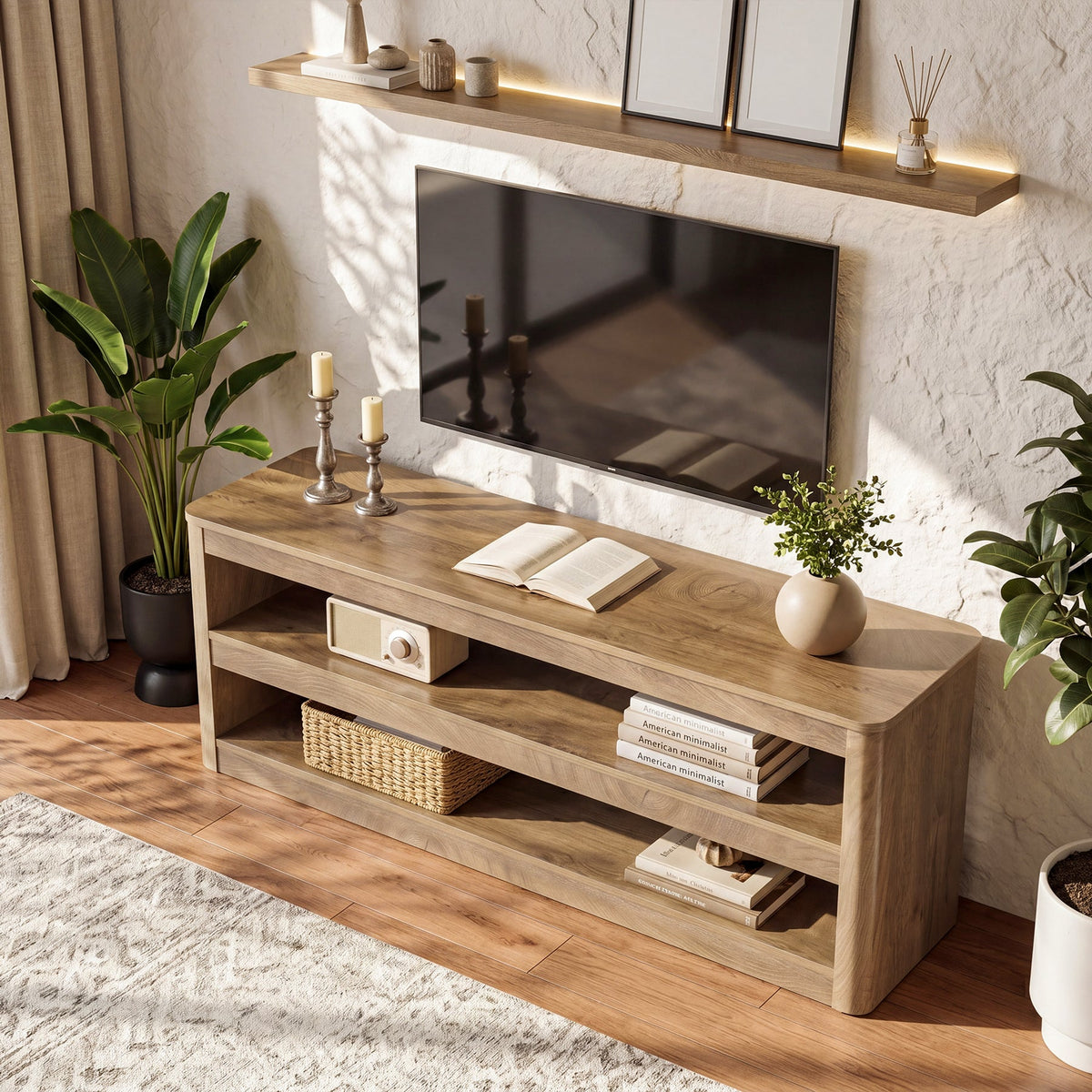 55" TV Stand for TVs up to 70", Farmhouse Entertainment Center with 3 Shelves