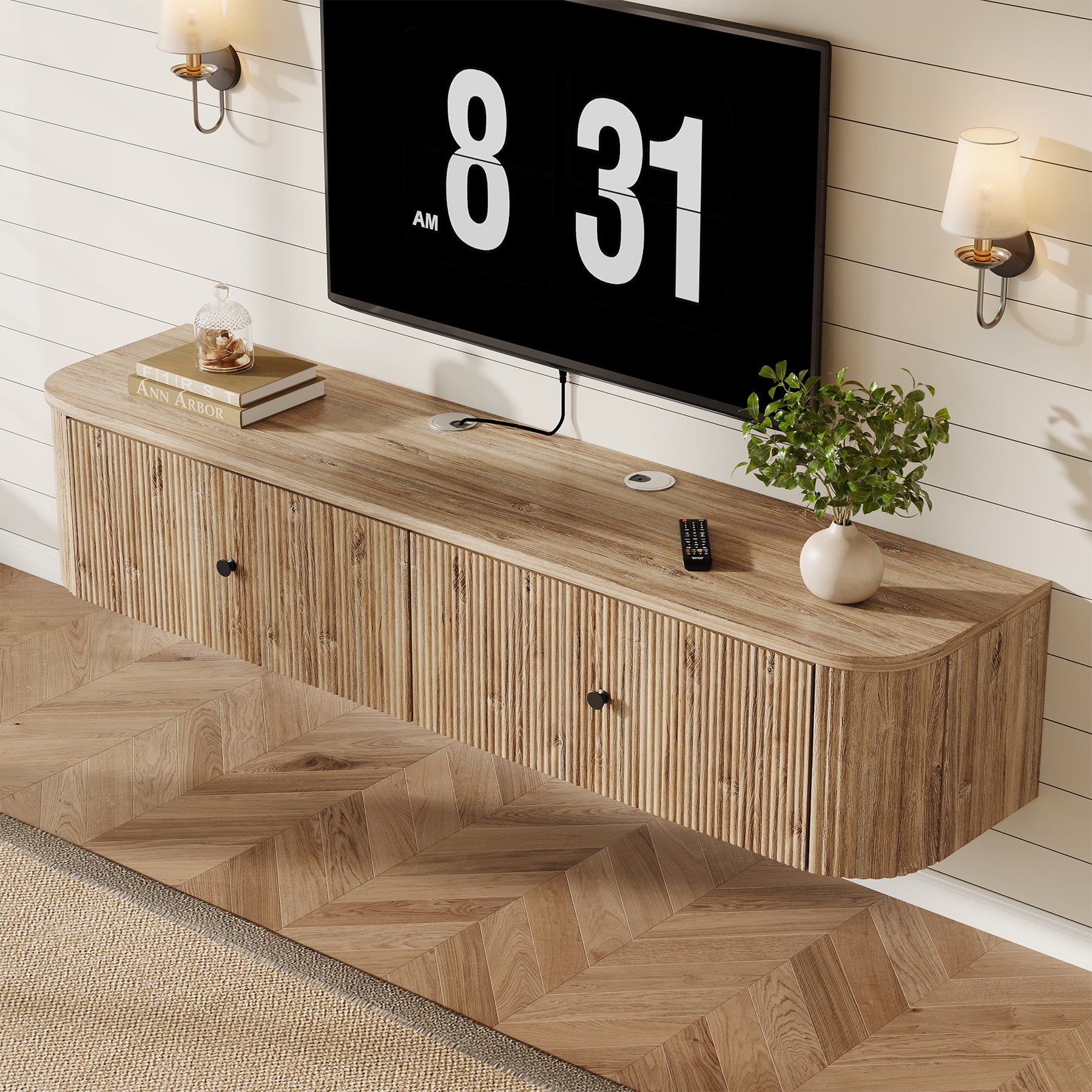 55" Floating TV Stand, Wall Mounted TV Console with 2 Fluted Drawers