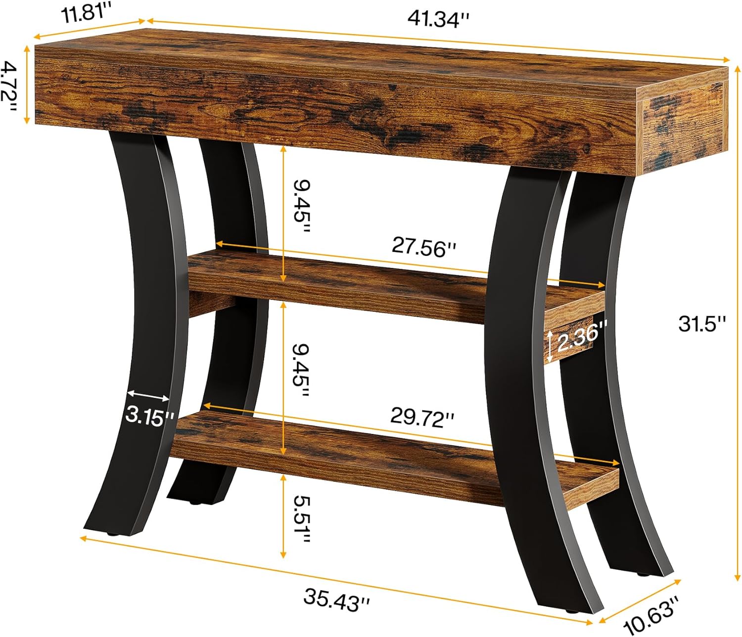 41" Console Table, Sofa Entryway Table with Storage Shelves