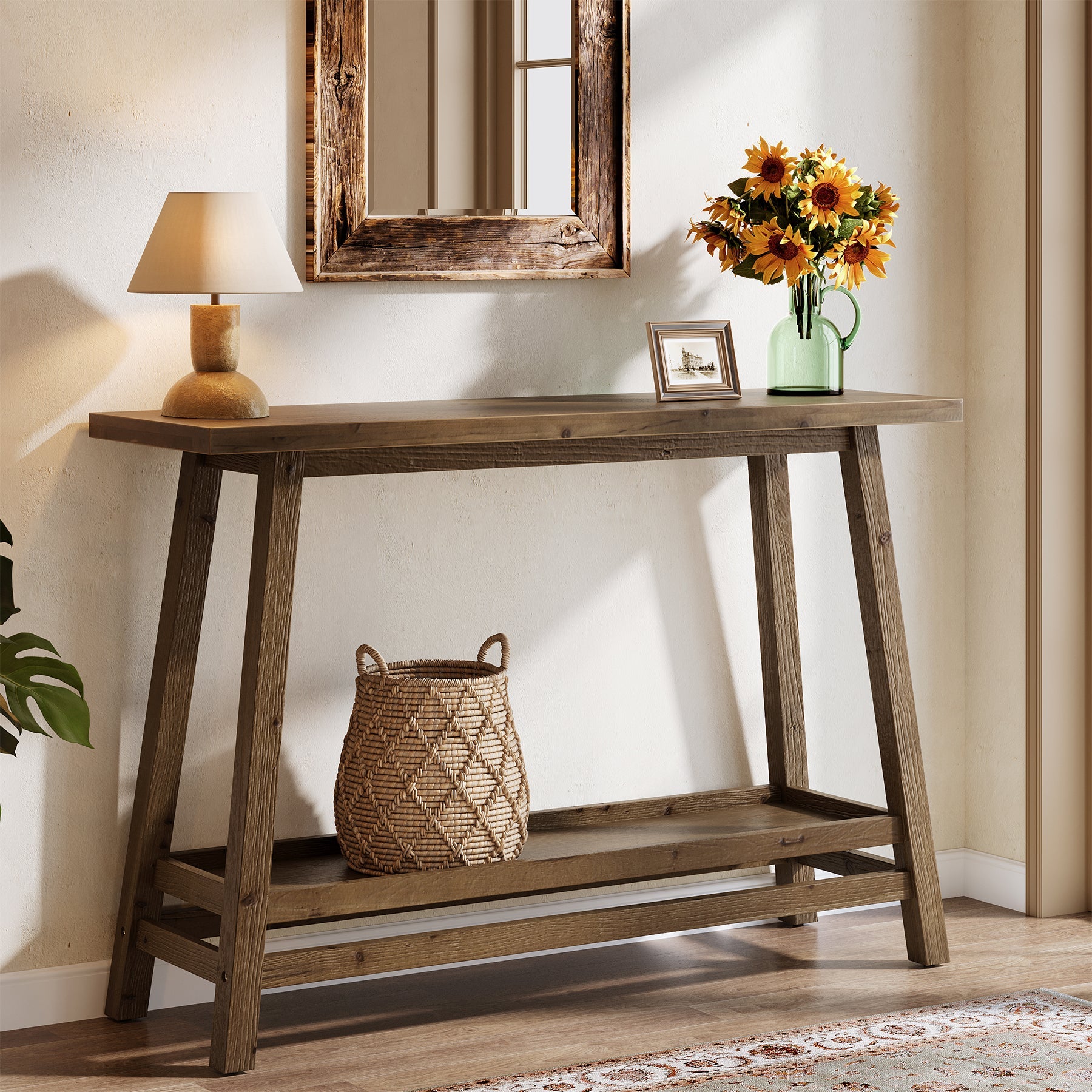 41" Solid Wood Console Table, 2 Tiers Farmhouse Entryway Table with Storage Shelf