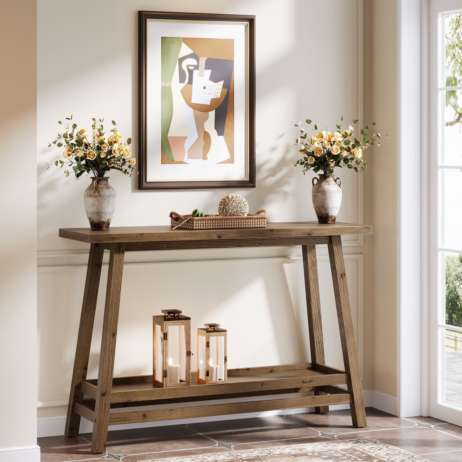 41" Solid Wood Console Table, 2 Tiers Farmhouse Entryway Table with Storage Shelf
