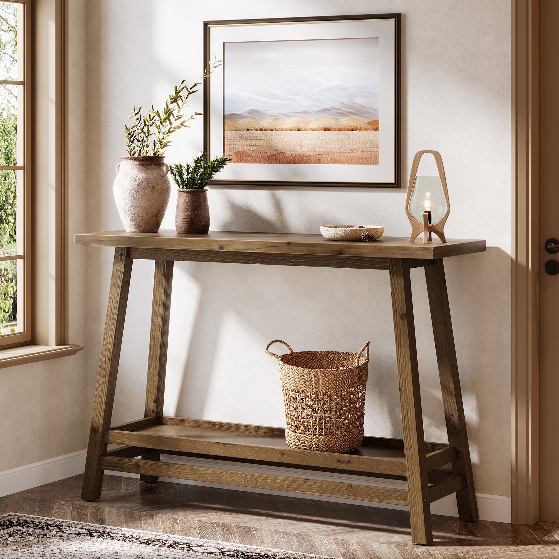 41" Solid Wood Console Table, 2 Tiers Farmhouse Entryway Table with Storage Shelf