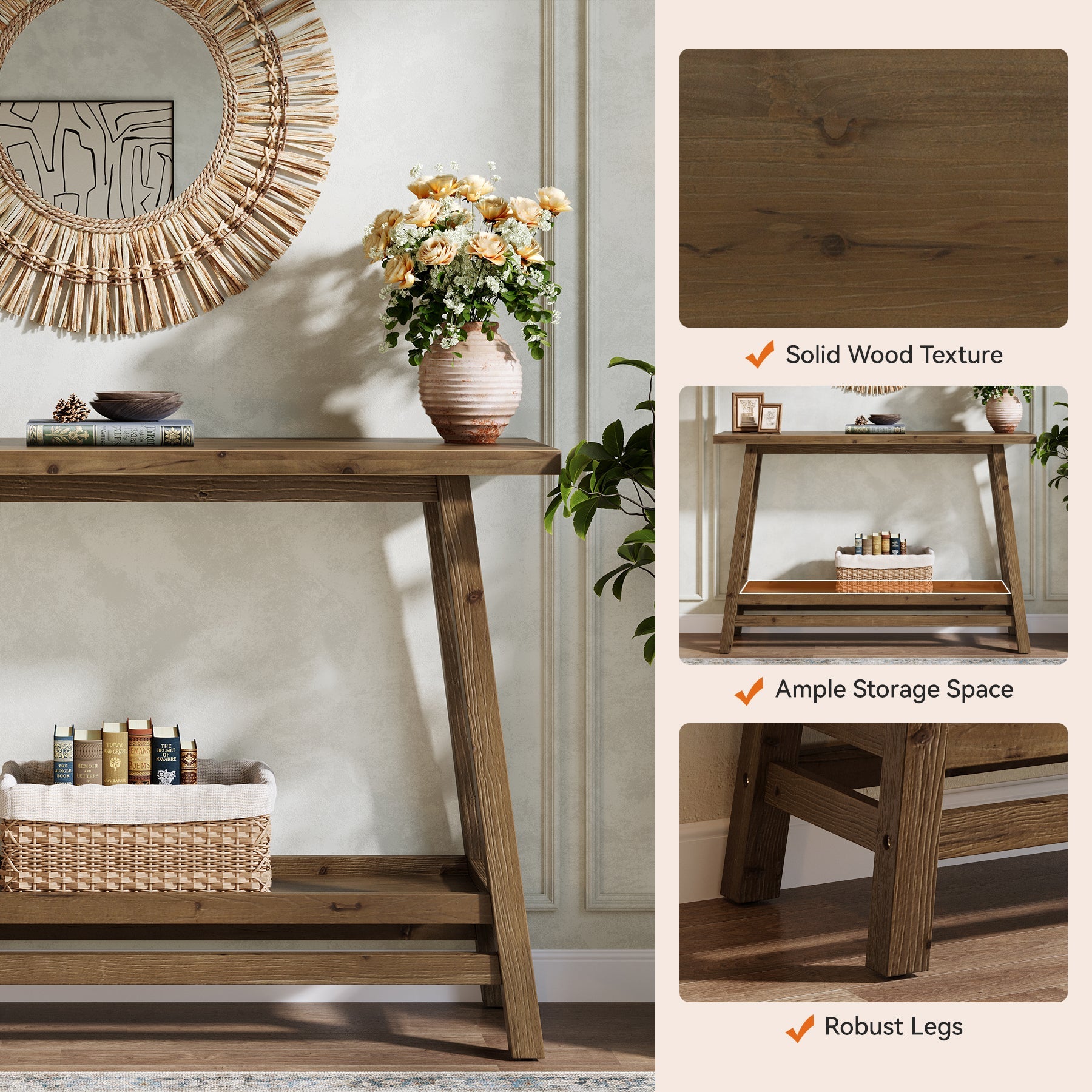 41" Solid Wood Console Table, 2 Tiers Farmhouse Entryway Table with Storage Shelf