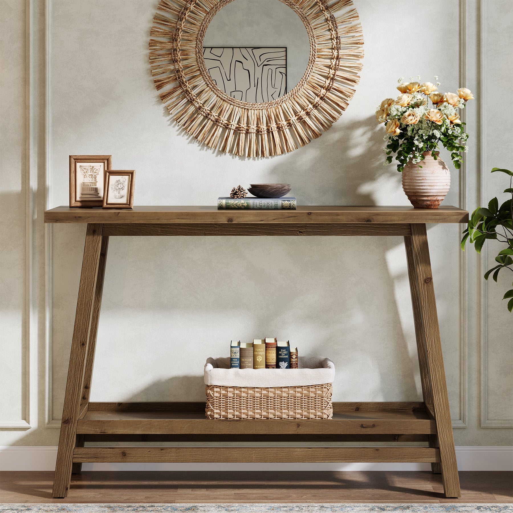 41" Solid Wood Console Table, 2 Tiers Farmhouse Entryway Table with Storage Shelf