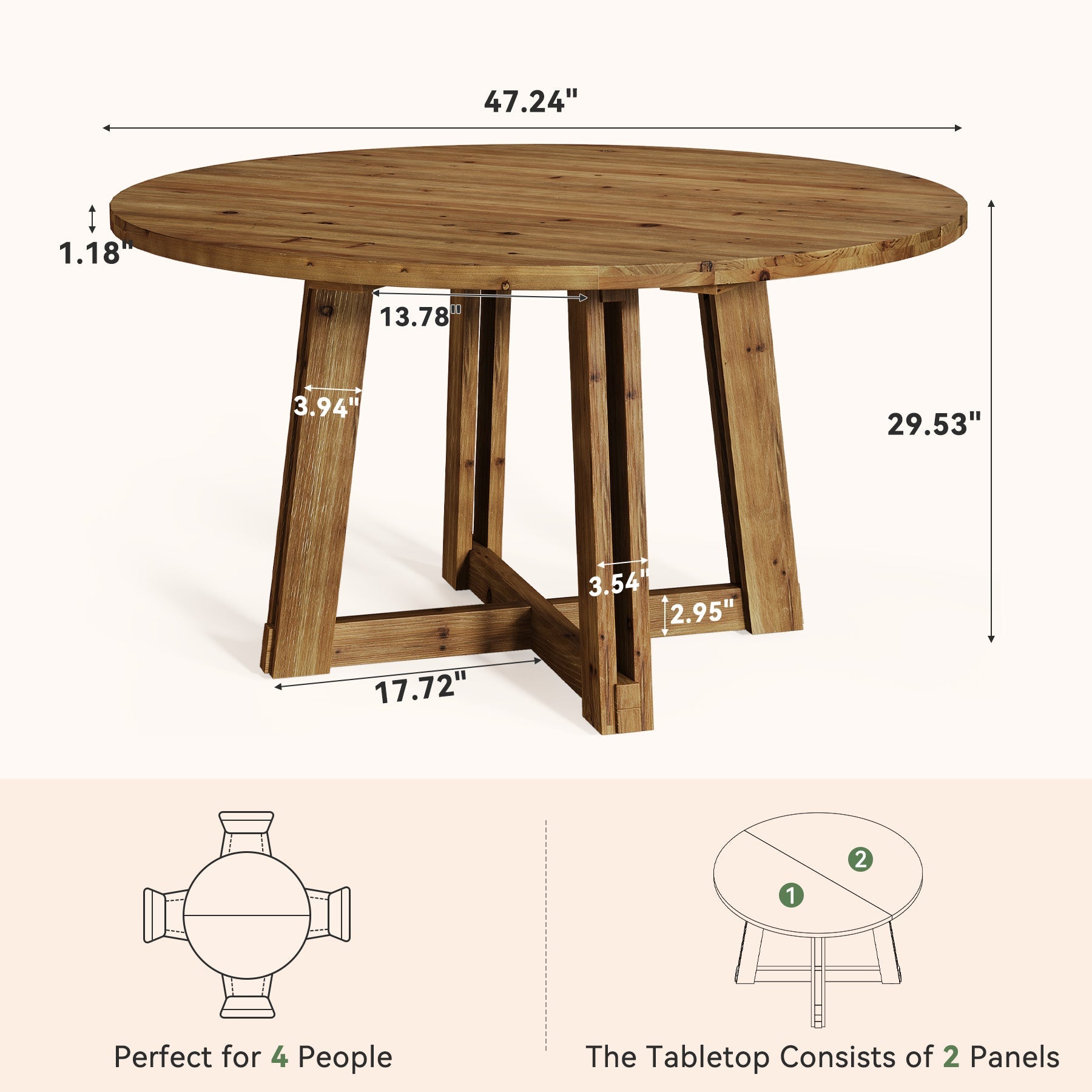 47"  Solid Wood Conference Table, Round Meeting Table with Thickened Tabletop