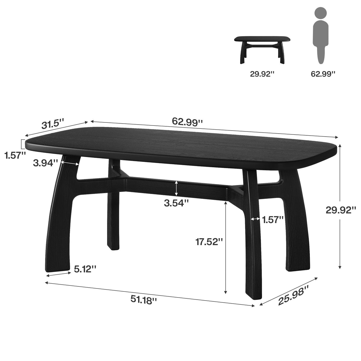 63" Dining Table for 6-8, Solid Wood Kitchen Table with H-Frame for Dining Room