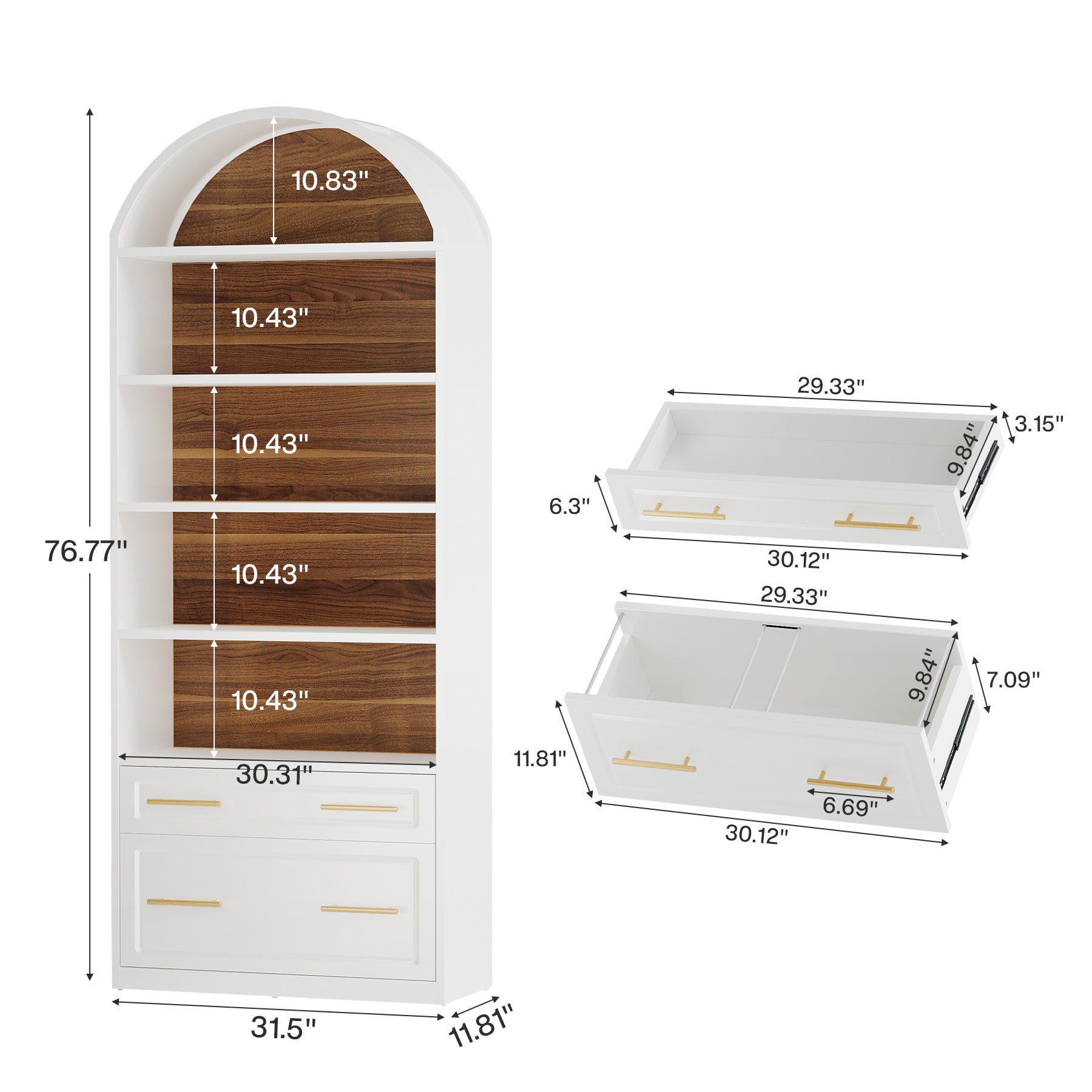 76.8" Arched Bookcase, 5-Tier Bookshelf with File Cabinet Drawer for Home Office