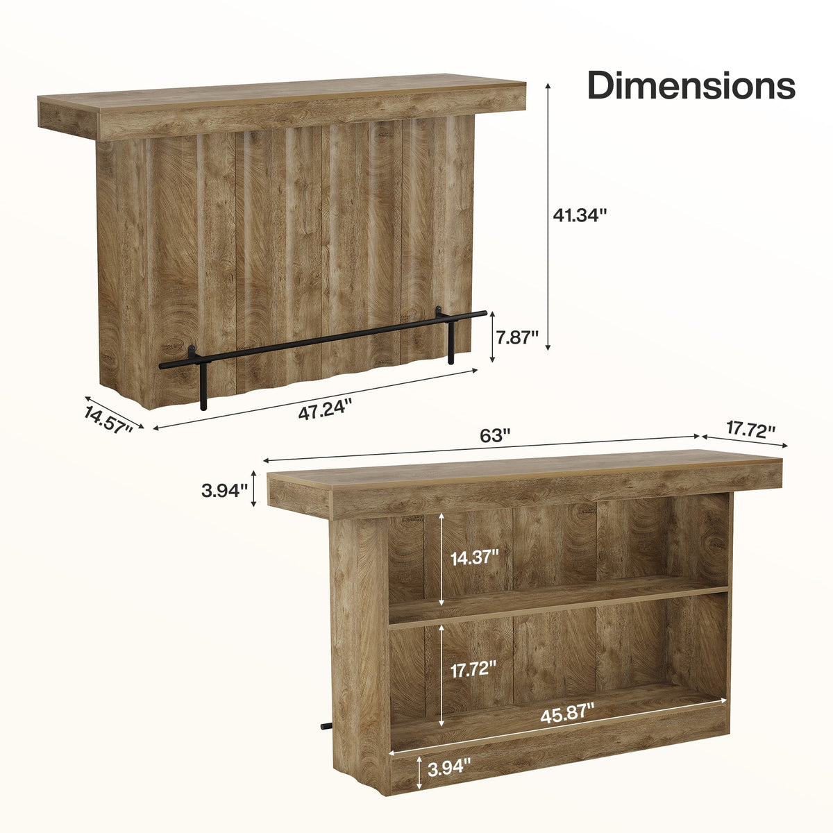 63" Bar Table, 2-Tier Bar Unit Counter Height Pub Table with Storage Shelves