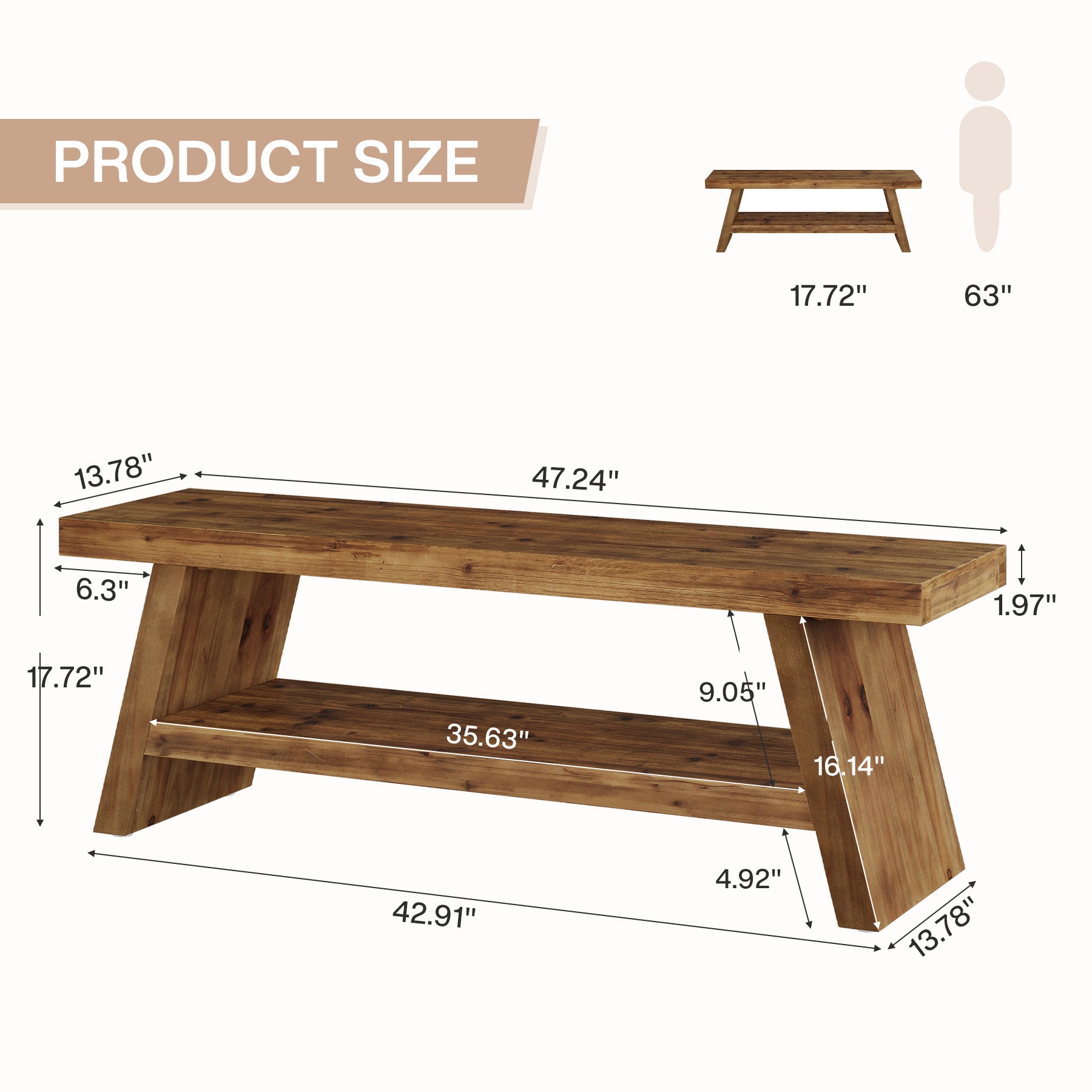 Solid Wood Shoe Bench, 2-Tier Entryway Bench with Open Shelves