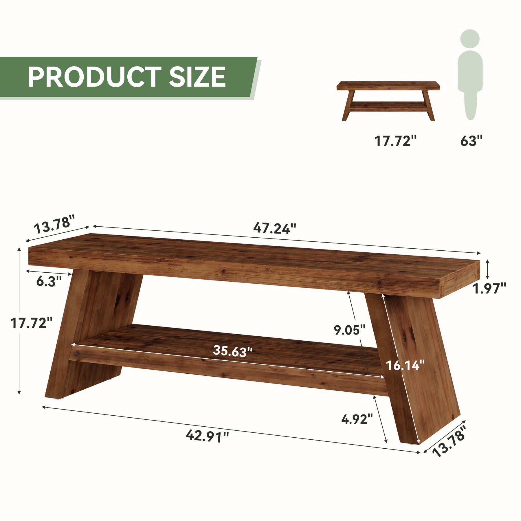 Solid Wood Shoe Bench, 2-Tier Entryway Bench with Open Shelves