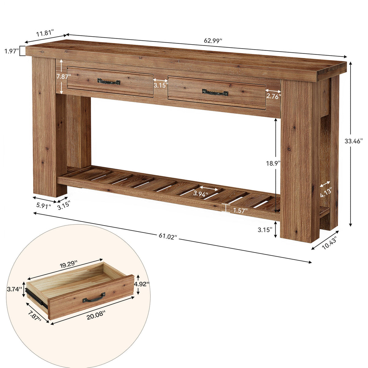 63" Solid Wood Console Table, Entryway Sofa Table with 2 Drawers and Open Slatted Shelf