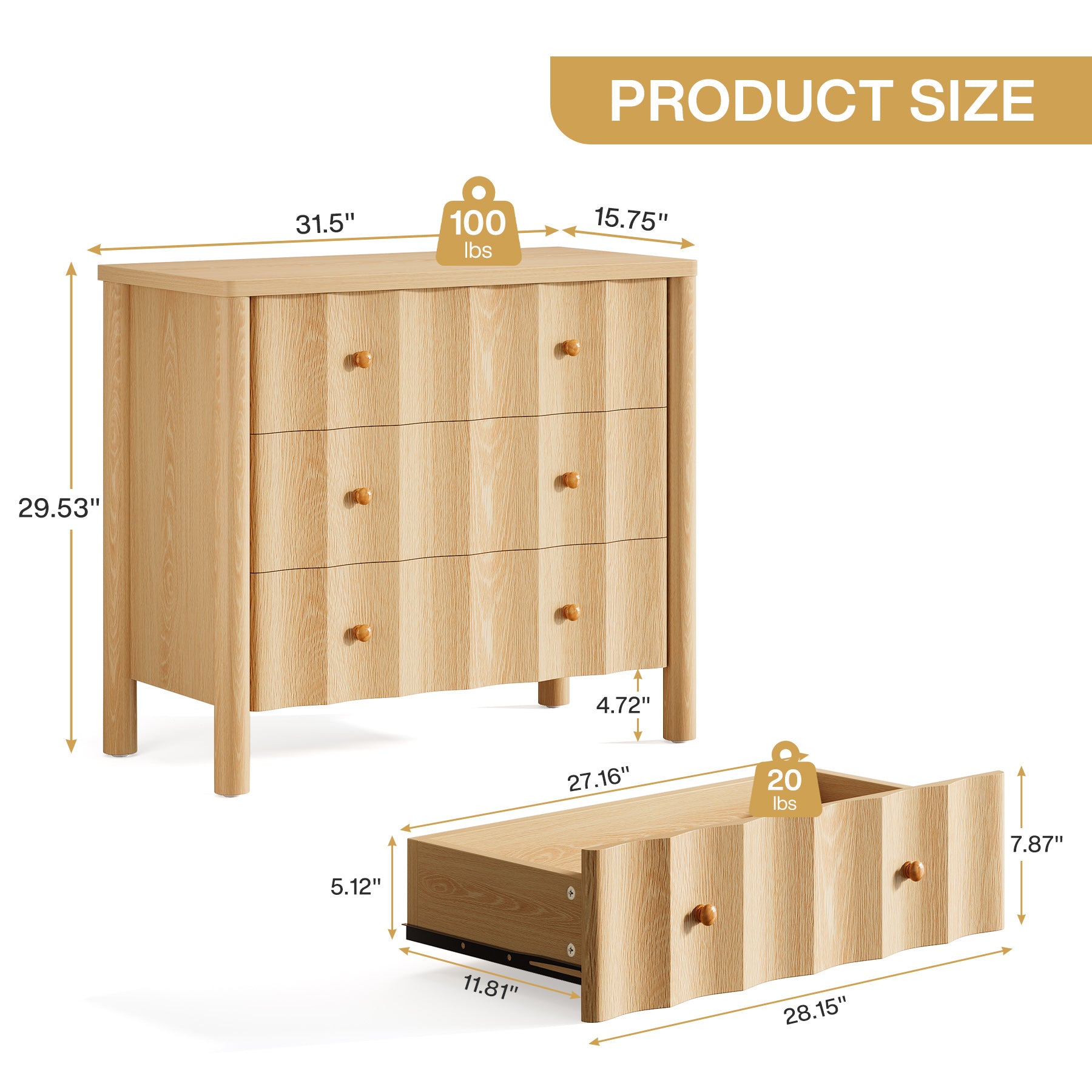 31.5" Nightstand with 3 Drawers, Oversized Bedside Table for Bedroom
